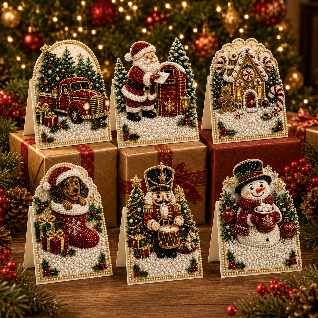 6pcs DIY Pearl Diamond Art Painting Christmas Greeting Cards with Envelopes