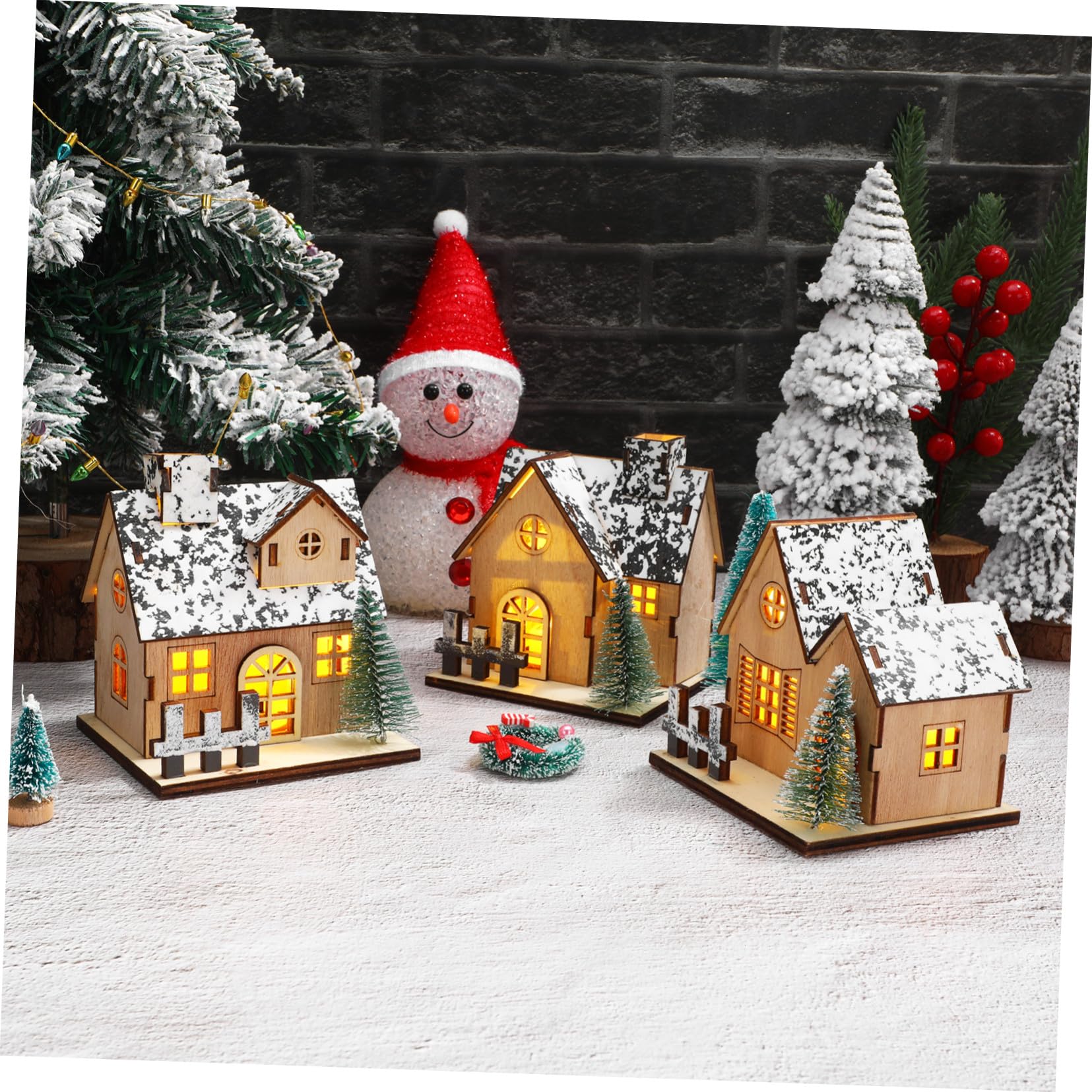 3pezzi Casette Villaggio Natalizio in Legno Con Luci Led Miniature Decorazioni Natalizie Per Tavolo e Casa Artigianato Te e Regalo Festivo