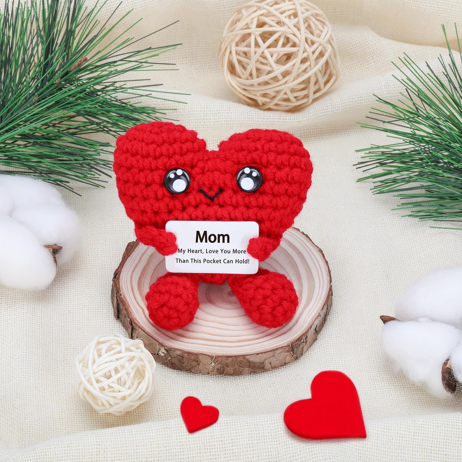 Birthday Gifts for Mom - Pocket Hug Heart with Positive Emotional Card Handmade Crochet Heart Doll for Mother's Day Women Mom Grandma (HeartShape-Red2)