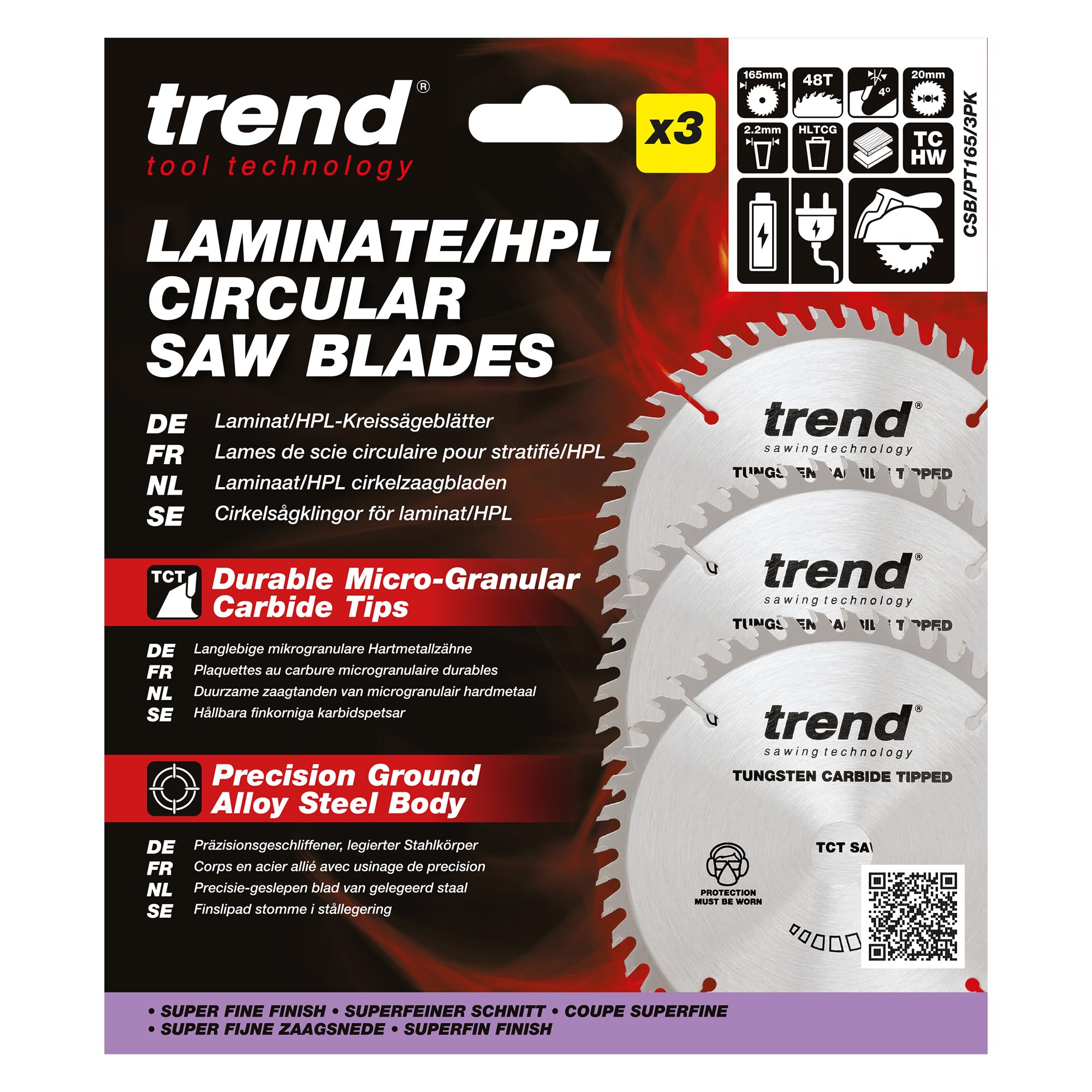 Trend Tarcze do HPL/Laminatu 165mm 48T, otwór 20mm, 3 szt. | 3x tarcze TCT do HPL/Laminatu: superdrobne cięcie 2,2 mm, +4° hak, Ø20 mm, CSB/PT165/3PK