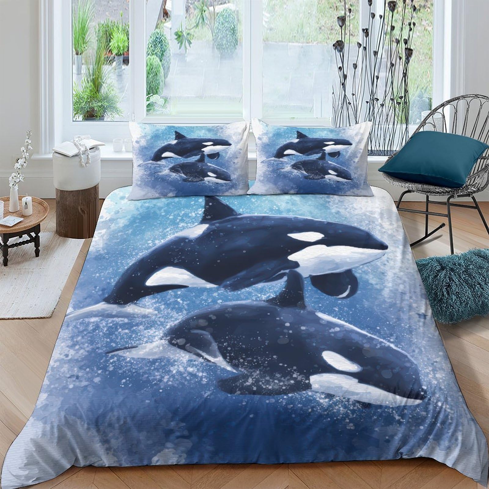 Ctjqhvkz Style-8 3D Printed Orca Whale Fitted Sheet Microfiber Soft Blue Ocean Mattress Cover For Bedroom Guest Room Decor Single（135X200cm）