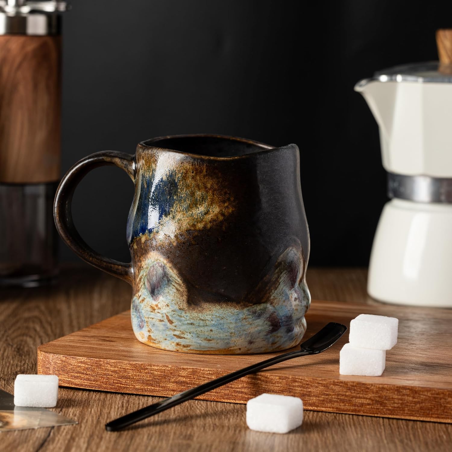 Handmade Ceramic Coffee Mugs, Mugs with Coffee Spoon, 11oz, Handmade Pottery Mug with Handle, Hand-painting, Unique Uneven Surface Tea cups, Dishwasher and Microwave Safe (Coffee Color) - Image 6