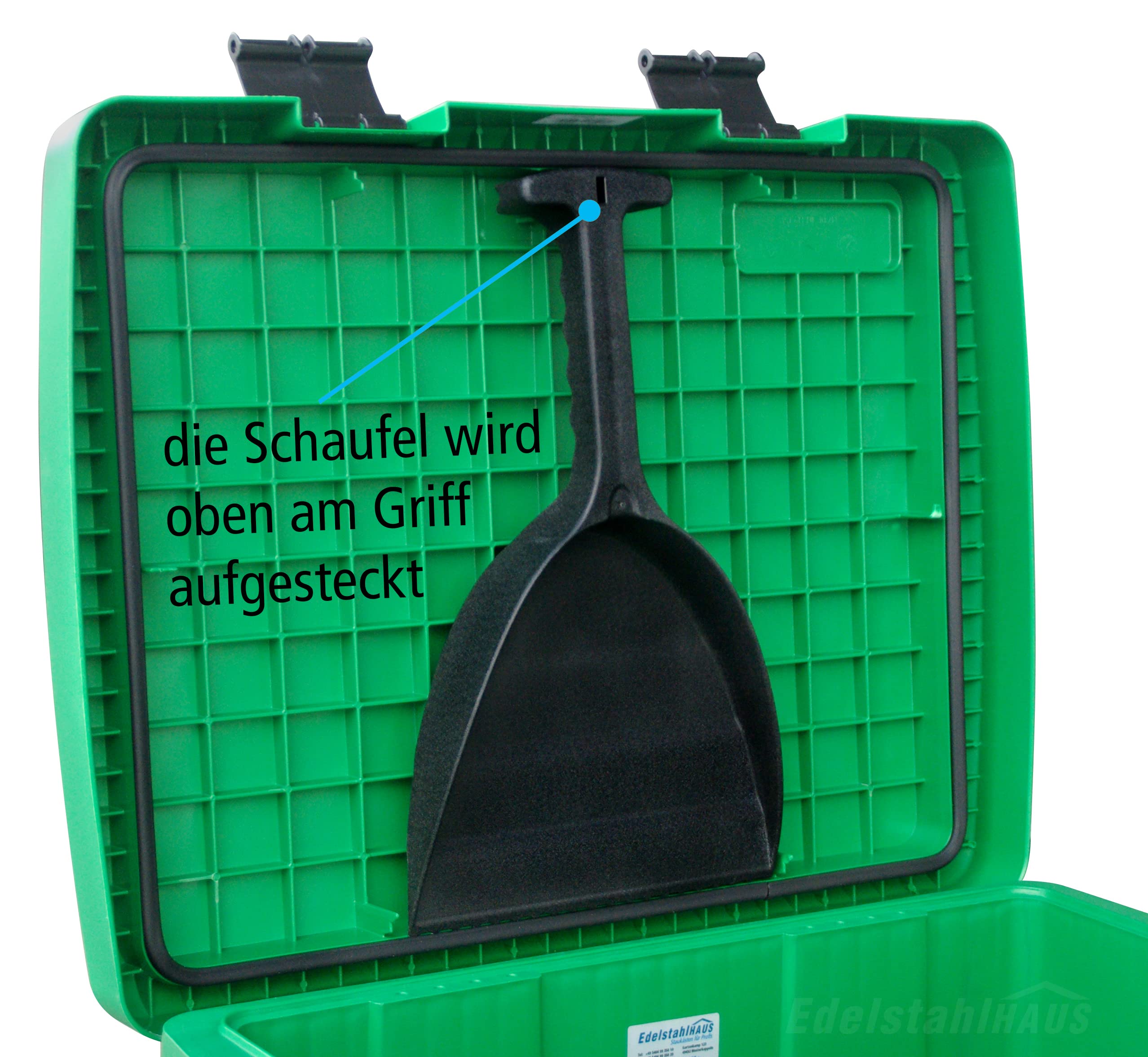 DAKEN Récipient à épandre avec pelle 108 l Vert Boîte à sel de déneigement Bac à sable Bac de stockage, boîte à saupoudrage, bac à sel, service d'hiver avec pelle