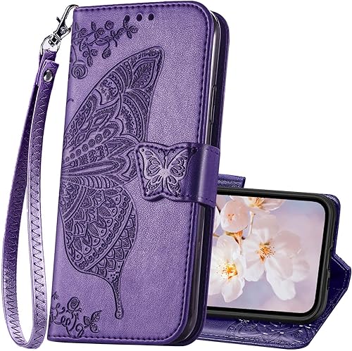 Miniatura 8 de Funda tipo cartera para iPhone 15 PlusiPhone 14 Plus para mujer, diseño de mariposa en relieve, de piel sintética, tarjetero con soporte, para