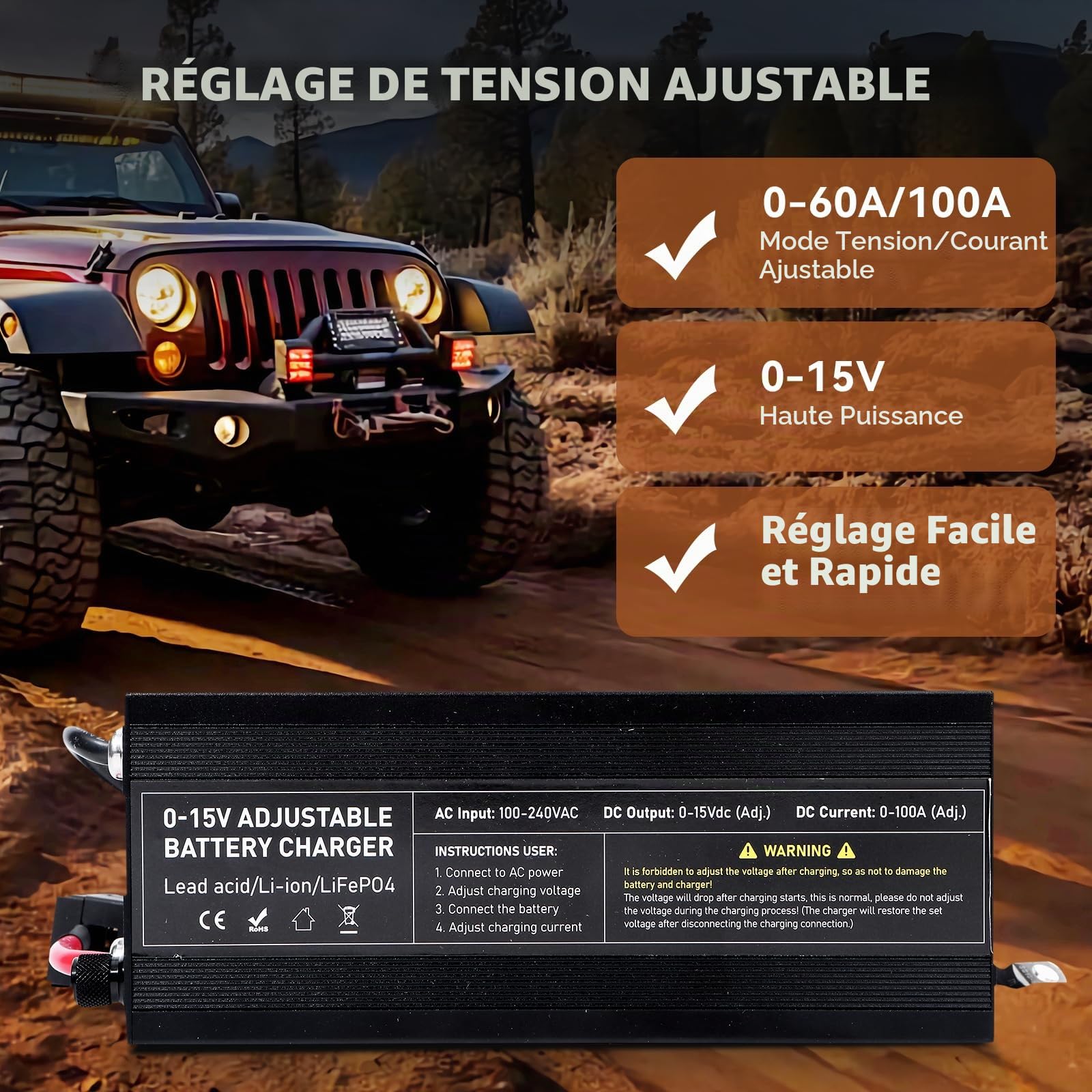 Chargeur de Batterie LiFePO4 12V/14.6V 100A avec Grand Écran LED Intelligent, Chargeur de Batterie Lithium pour Charge Rapide des Batteries Auto, Moto, Tondeuse à Gazon, Yacht et Marine