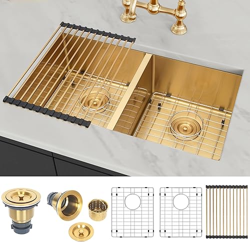 Miniatura 2 de LQS Fregadero de cocina de montaje inferior de 31 pulgadas, fregadero de cocina dorado, fregaderos de acero inoxidable con fregaderos, accesorios