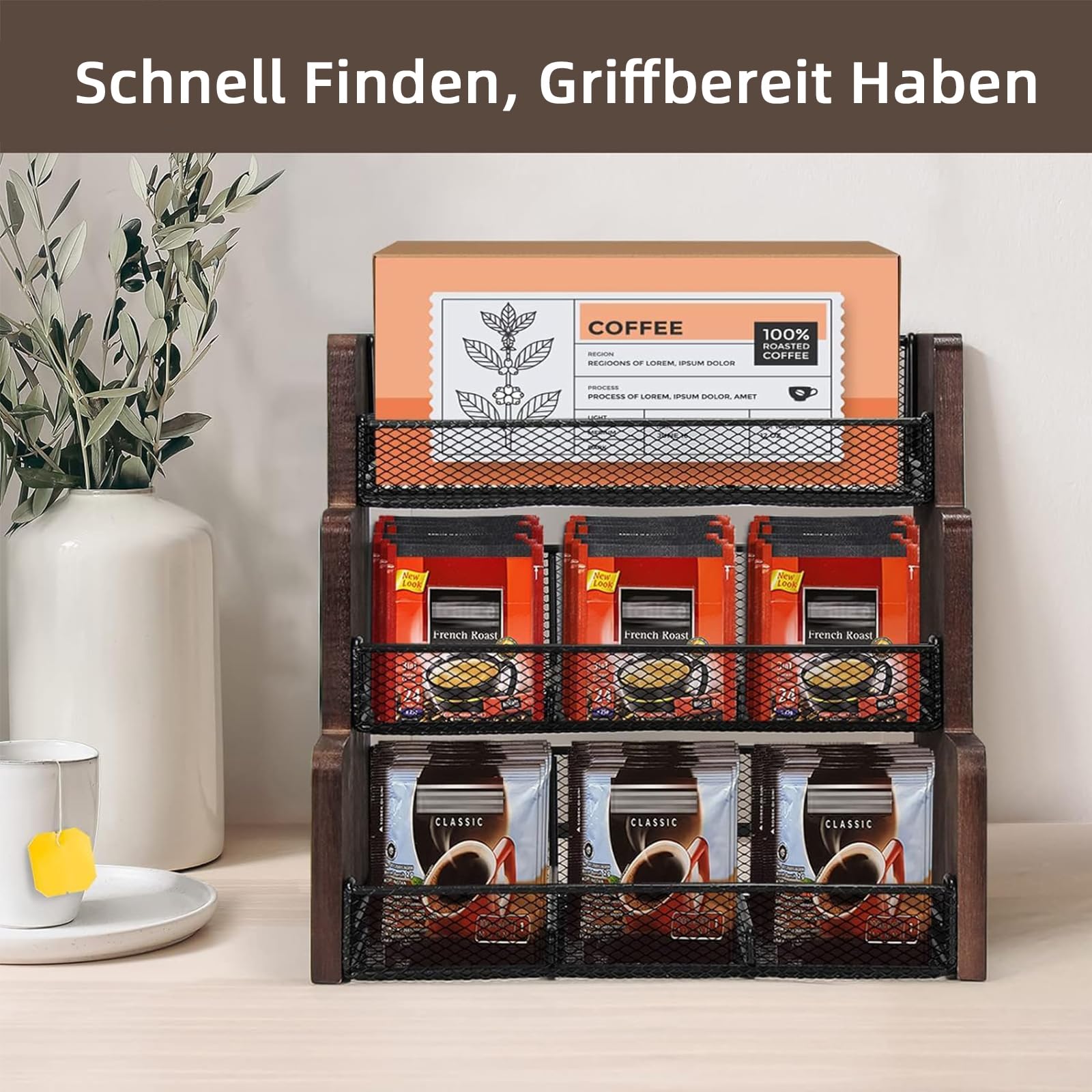THYGIFTREE Teebeutelhalter mit 3 Ebenen, Teebeutel Aufbewahrung, Massivholz, Teebeutel-Organizer für Küche, Büro, Arbeitsplatte, Zuckerpackungen, Milchkännche