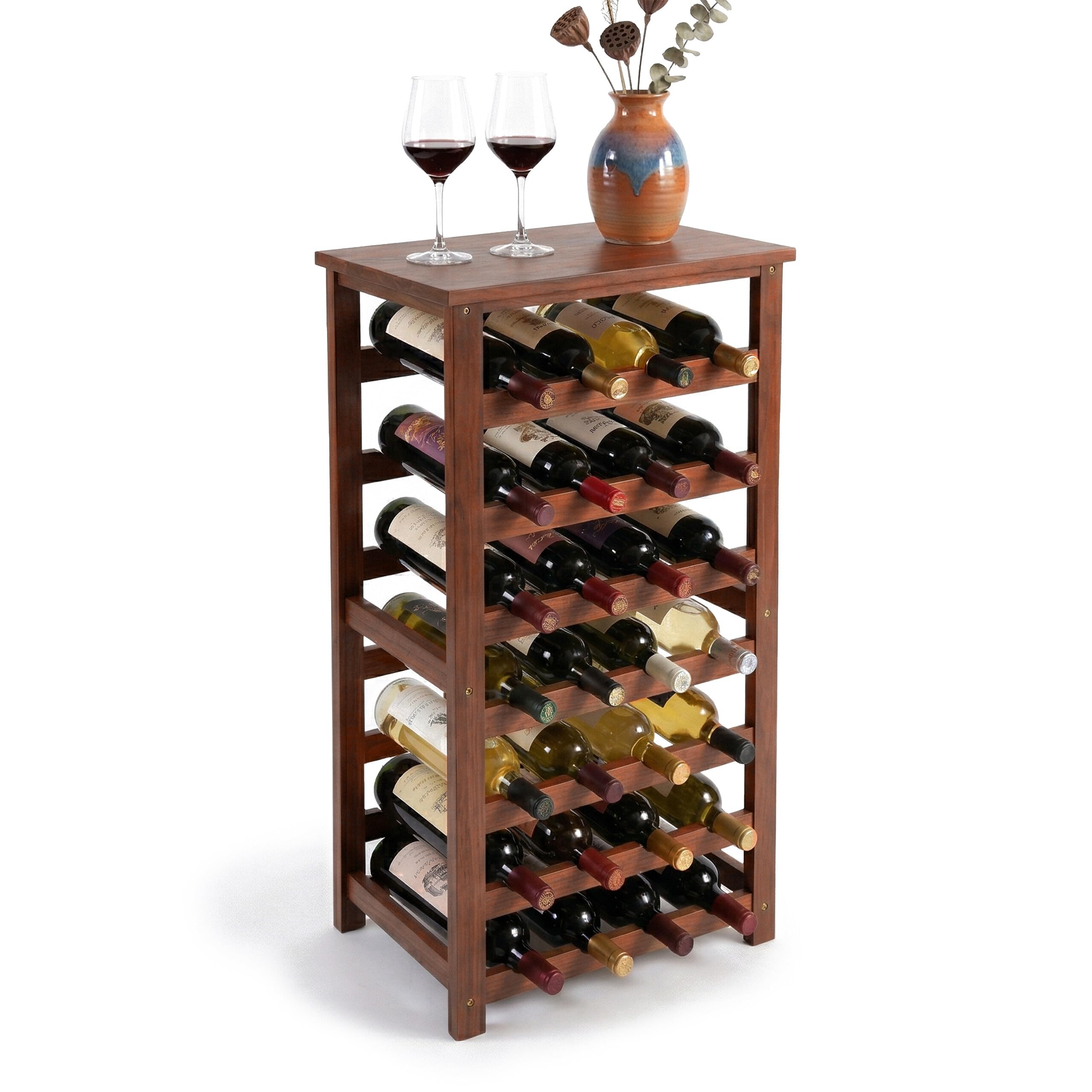 Relaxdays Estante para Vino, 28 Botellas, Madera de Nogal, 94x47x26 cm, para Vino Tinto y Blanco, marrón Oscuro