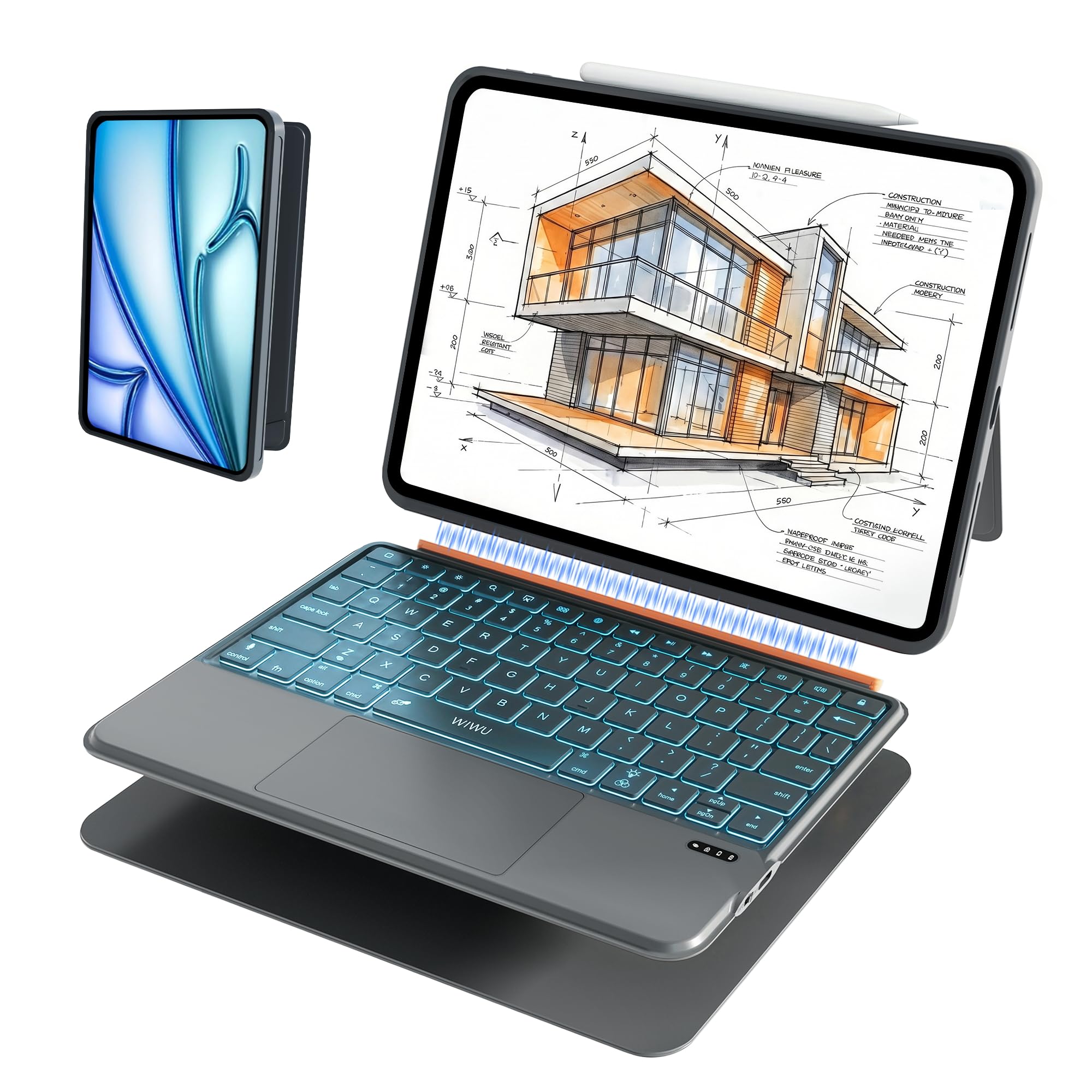 WIWU for iPad Case with Keyboard Air 11 Inch M4 2026 A16 10th Gen Magnetic Detachable Keyboard Case Adjustable Stand Backlit Keys Touchpad (Grey, for