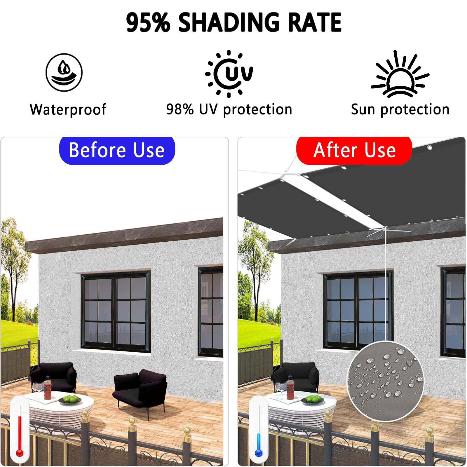 280 x 350 cm, protezione UV 98% scudo termico senza trapano, baldacchino per patio, terrazza a bordo piscina, include corde di fissaggio, elegante grigio