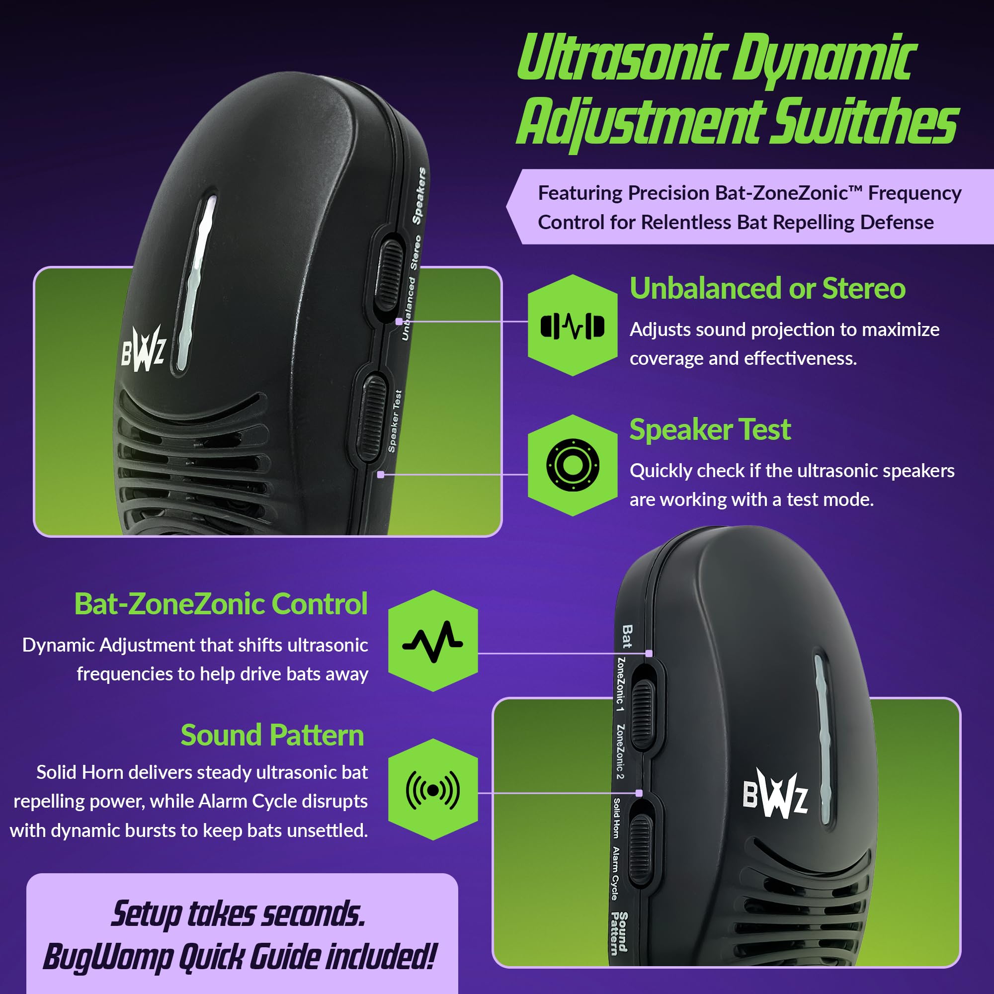 Repelente ultrasónico directo de murciélagos BWZ600, con control de frecuencia Bat-ZoneZonic para repeler murciélagos con precisión (negro medianoche)