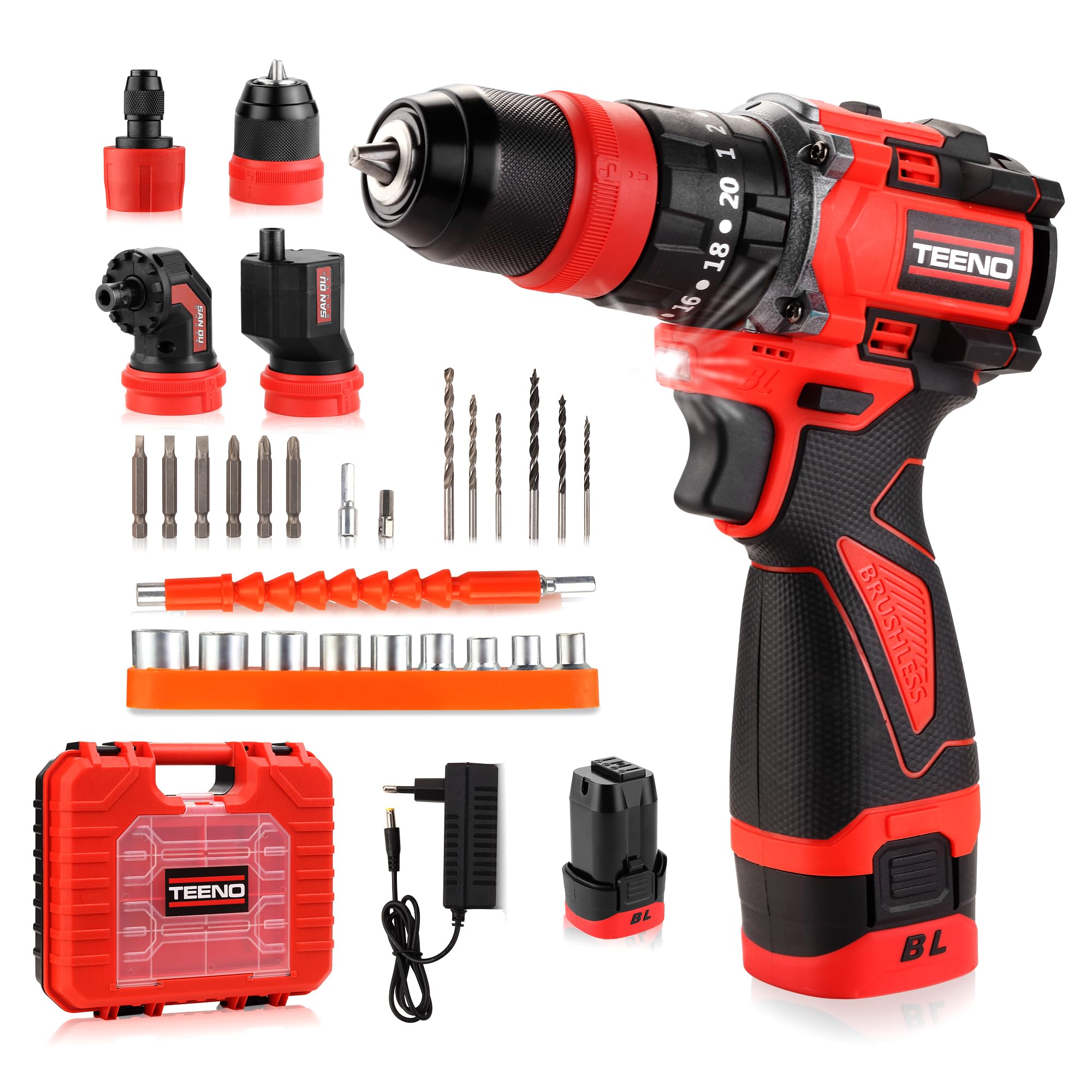 TEENO Taladro Percutor a Batería 18V Sin Escobillas, Kit de Destornillador Eléctrico, 20+3 Velocidades, Max 45Nm, con Adaptador de Desplazamiento, Mandril de Sujeción Rápida, LED