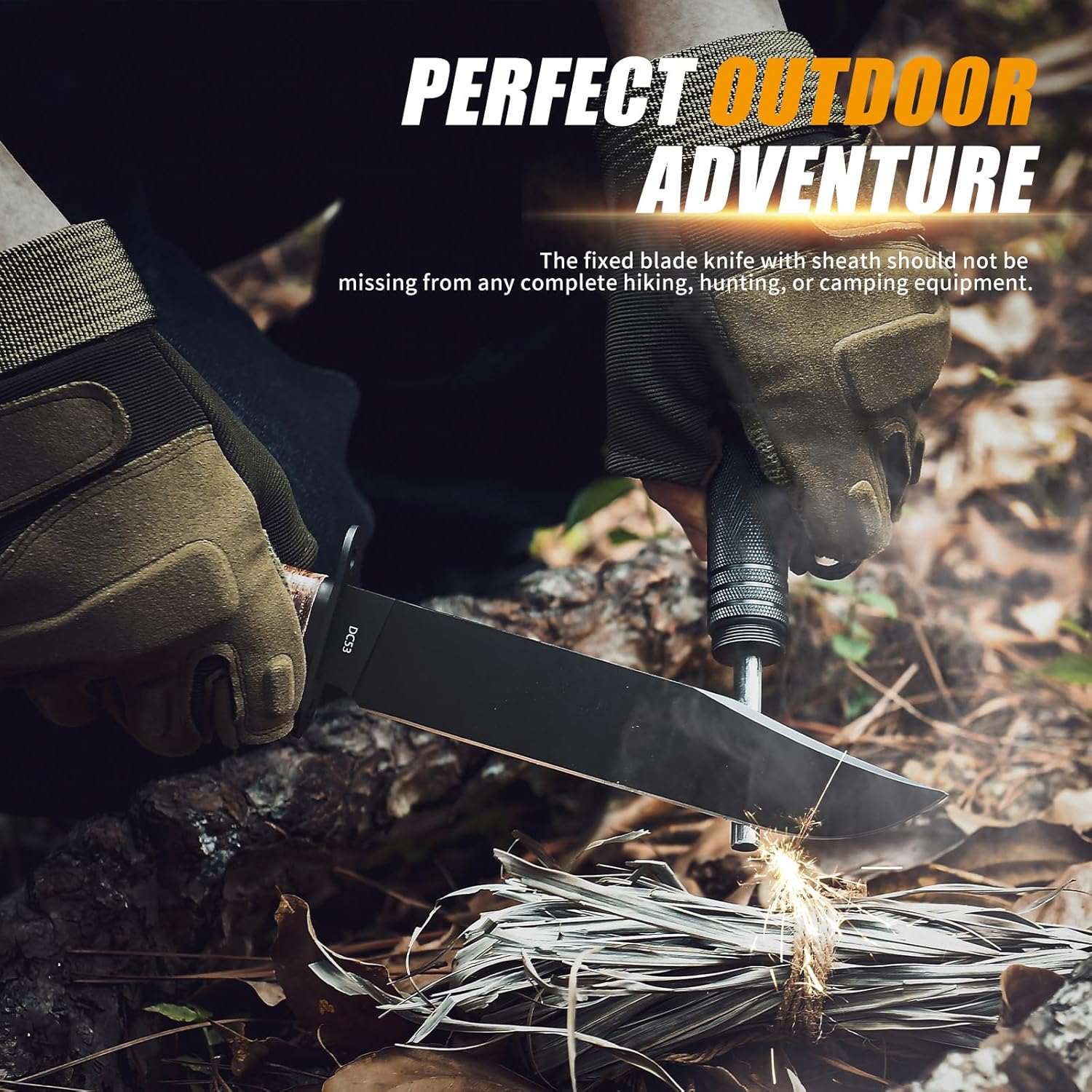 ZhengSheng 7.0 inches Fixed Blade Knife - Perfect PVD Titanium Coating DC53 Steel Blade Bowie Knife with Leather Sheath for Camping, Hiking, Survival
