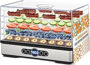 Food Dehydrator for Jerky, 5 BPA-Free Trays 400W Compact Dehydrator Machine for Meat, Fruits, Mushroom, Herbs, Dog Treats, Digital Adjustable Timer & Temperature Control, Recipes included