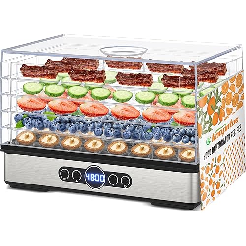 Food Dehydrator for Jerky, 5 BPA-Free Trays 400W Compact Dehydrator Machine for Meat, Fruits, Mushroom, Herbs, Dog Treats, Digital Adjustable Timer & Temperature Control, Recipes included