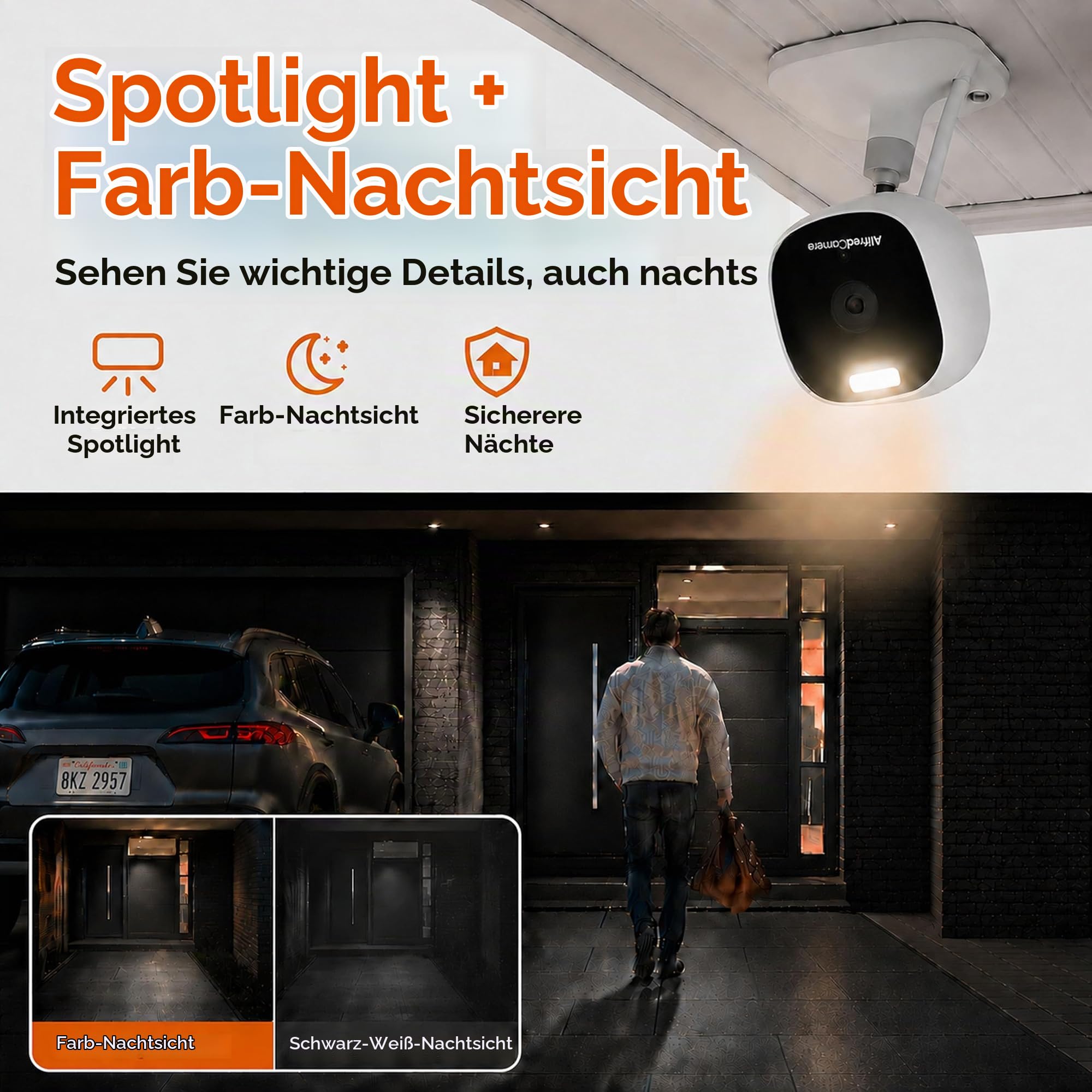 AlfredCam Plus 2 Außenkamera, 5GHz WLAN, Magnetmontage, inkl. 64GB SD | IP65 Wetterschutz, Farb-Nachtsicht, LED-Scheinwerfer, KI-Bewegungserkennung, Dual-Band WLAN, Zwei-Wege-Audio, Haustierkamera