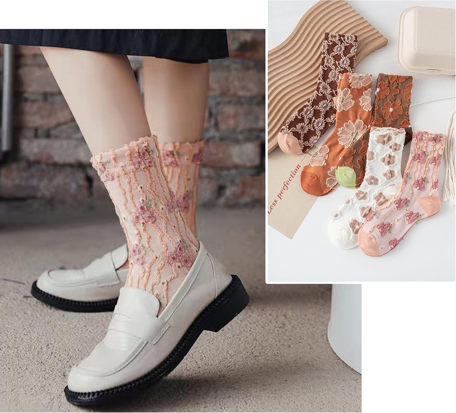 Mid Tube Crew Socks with Lace Ruffled Cuffs Delicate Embroidered Floral and Ruffle Designs Assorted Colors Pack of 5 Suitable for Women's Size 5-10