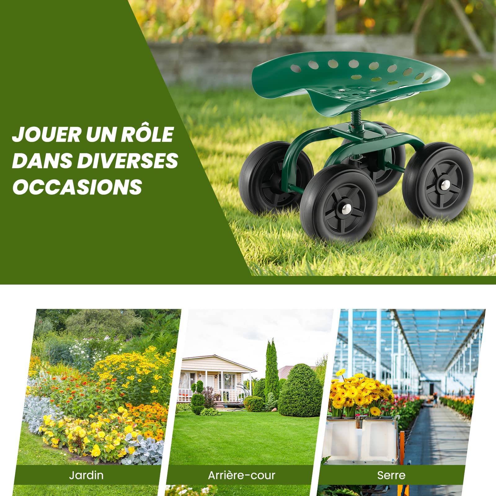 COSTWAY Siège de Jardin Roulant pour Travail avec Hauteur Réglable 28-40,5 cm, Tabouret de Jardinage avec Siège Pivotant à 360° sur Larges Roues Charge 150KG, pour Pelouse Atelier