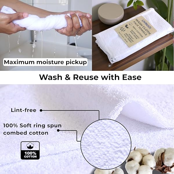 White 100% Cotton Wash Cloths for Showering Body and Face - 12"X12" 6 Pack Washcloths - Small Terry Towel Bath Rags for Adults and Kids Bathroom - Soft Absorbent - 5