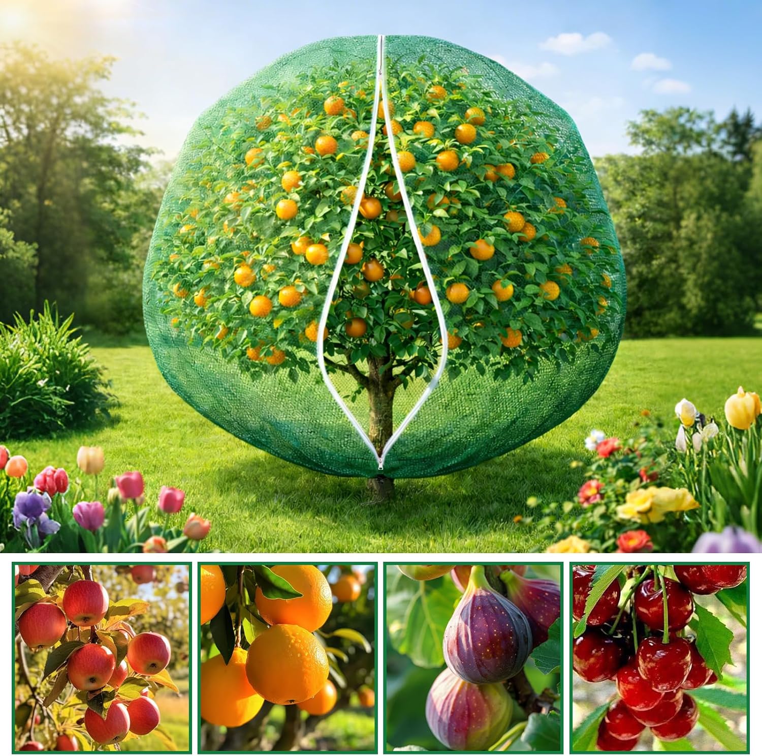 2 Pack Fruit Tree Shade Netting with Zipper & Drawstring, 50% Sunblock Shade Net for Fruit Trees, 7.5 × 7.4 Ft Breathable Mesh Plant Cover for Sun Protection in Garden, Orchard & Backyard