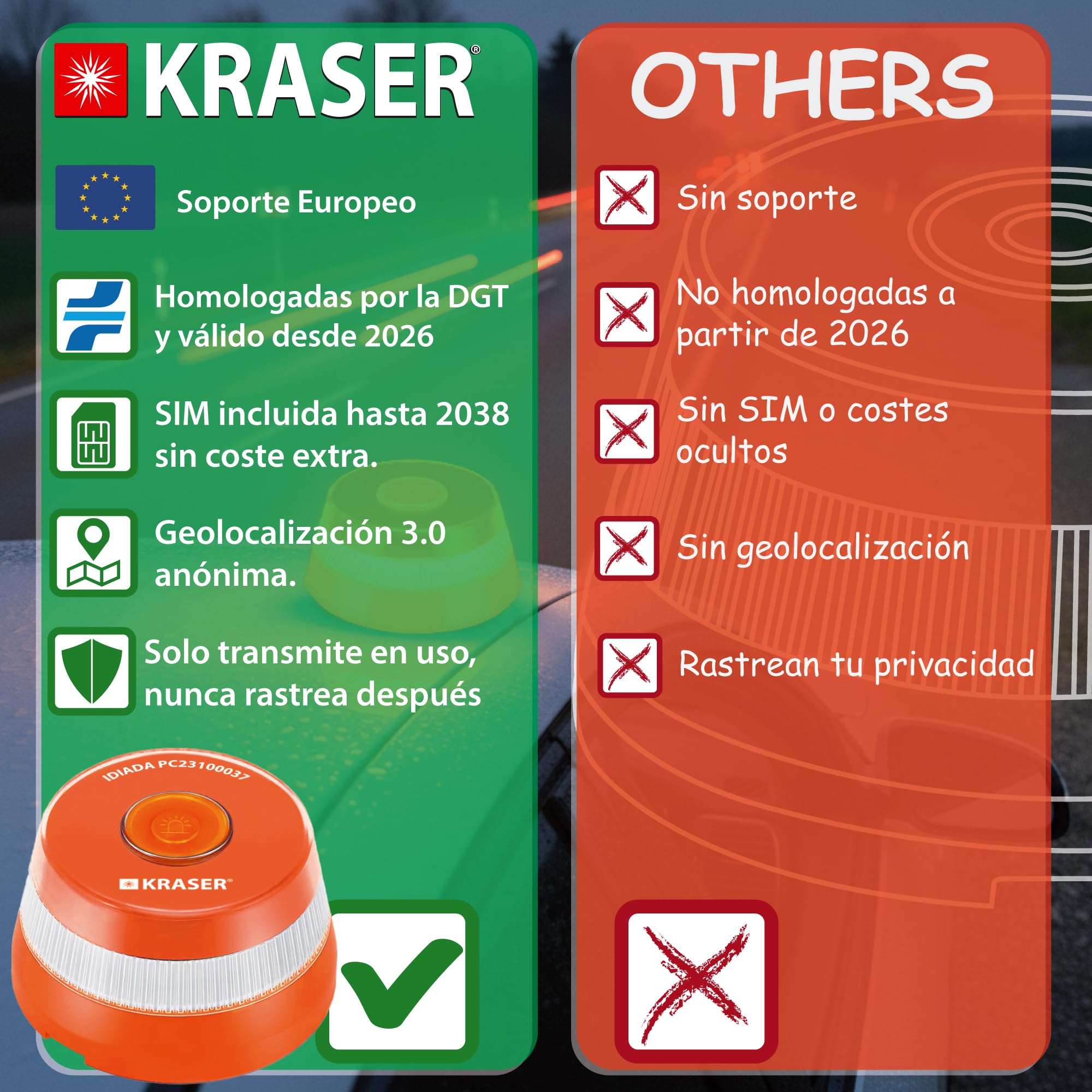 KRASER KRV16IOT Baliza V16 Homologada DGT más Visible y Segura, Geolocalizador Avanzado 3.0, Luz Emergencia Coche Obligatoria en 2026, SIM y Datos Incluidos Telefonica, Potente Base Magnetica LED 360º