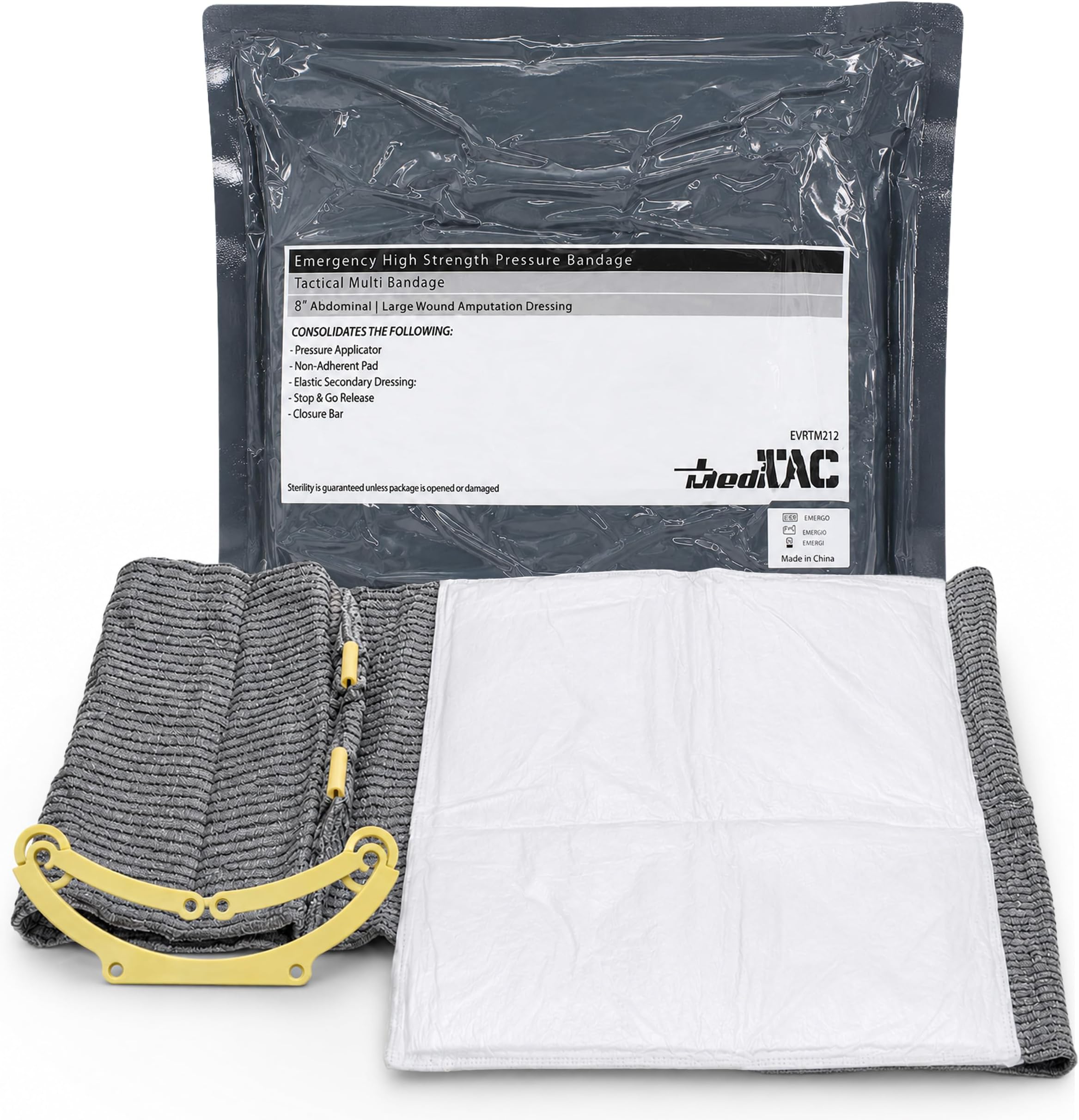 MediTac Emergency High Strength Pressure Bandage Trauma Wound Dressing Hemostatic Control Bandage for Amputation, Abdominal and Large Wound Area with 12” x 12” Pad – 8” Bandage