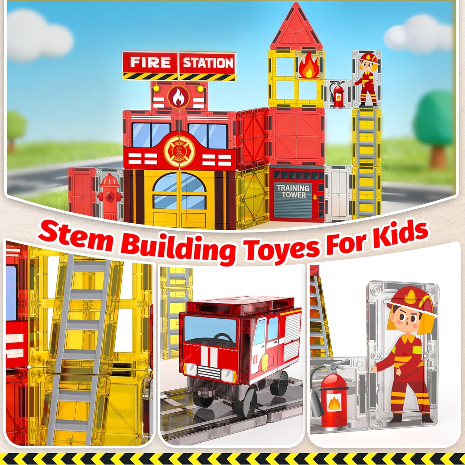 Fire Station Magnetic Tiles for Kids, Building Toys for Kids Ages 4-8 with Fire Truck, Firemen, Road Magnet Tiles STEM Magnetic Blocks for Kids Ages 4-8, Building Toys for 3+ Year Old Boys Gifts