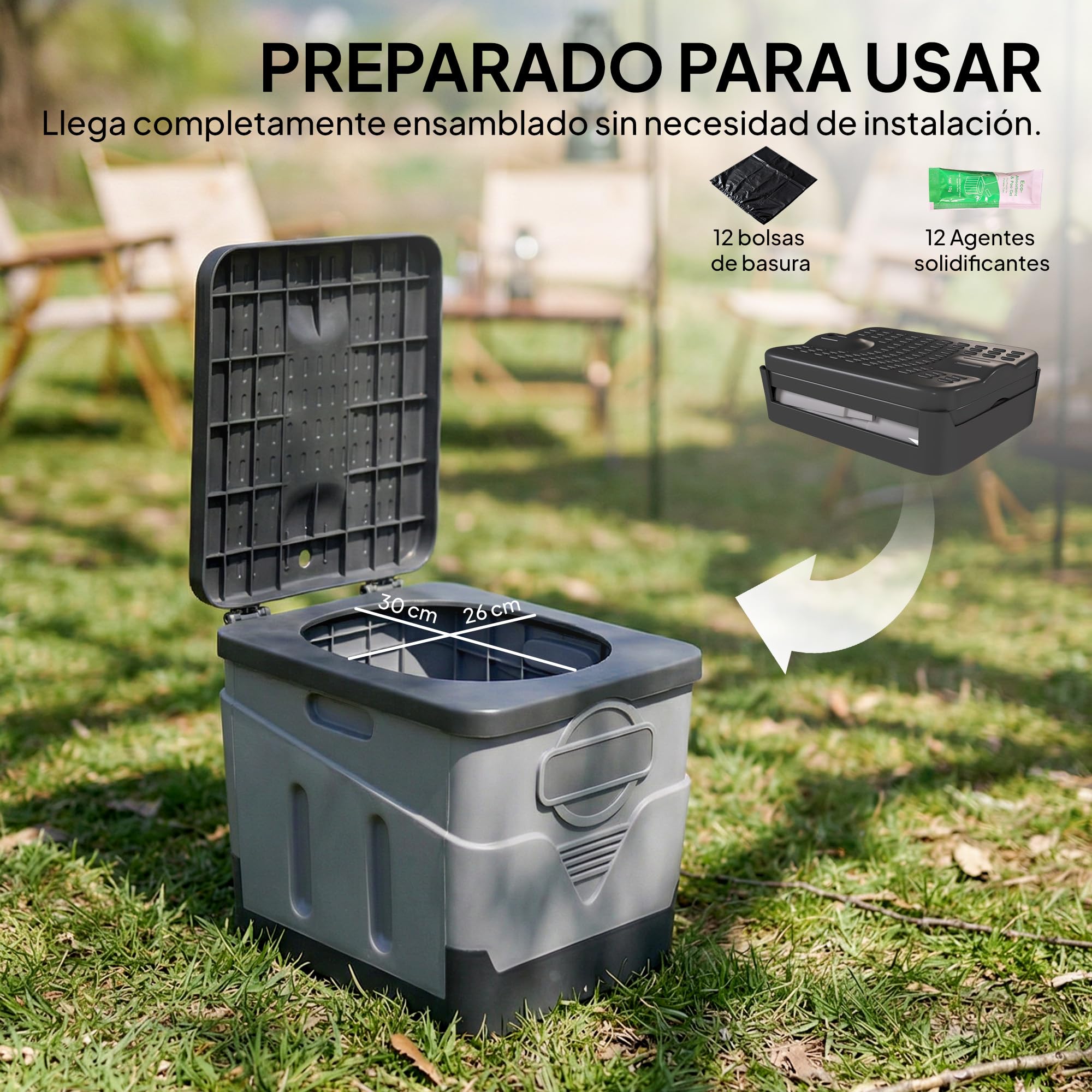 Outsunny Inodoro Portátil, WC Portátil de PP con 12 Paquetes de Agente Solidificante y 12 Bolsas, Carga 100 kg, Inodoro Plegable para Exterior, Camping, Acampar, Senderismo, 34x29x30 cm, Gris Oscuro