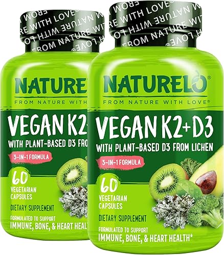 NATURELO Vitamina D3 K2 - K2+D3 vegano con D3 de base vegetal de liquen - Suplemento de D3 natural para el sistema inmunitario, apoyo óseo, salud