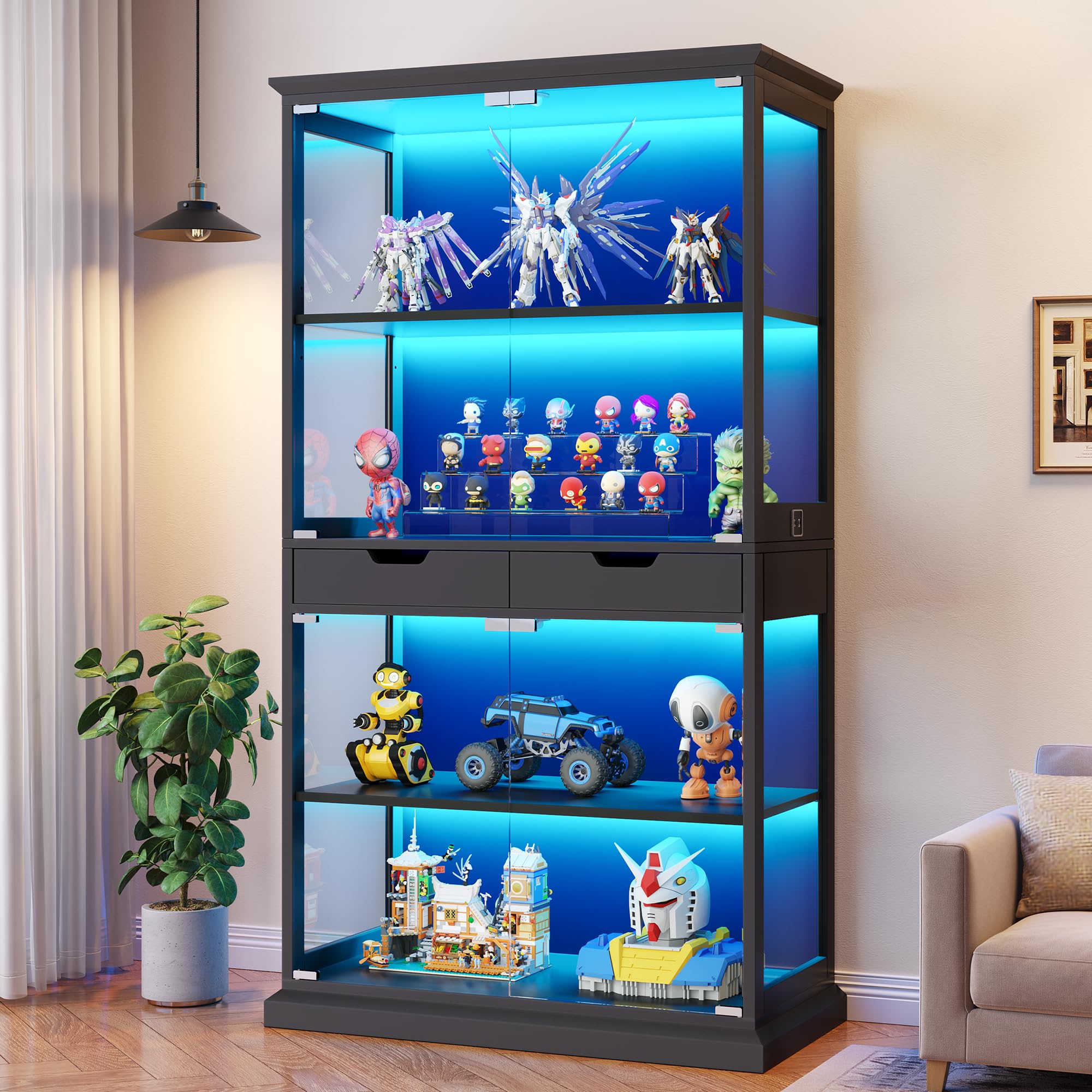 Jocoevol Vitrine mit Glastüren, 174cm Hoch Vitrinenschrank, 4-Lagen Glasvitrine Stehend mit RGB LED Beleuchtung & APP, Sensor, 2 Schubladen, Sammlervitrine für Wohnzimmer, Schwarz