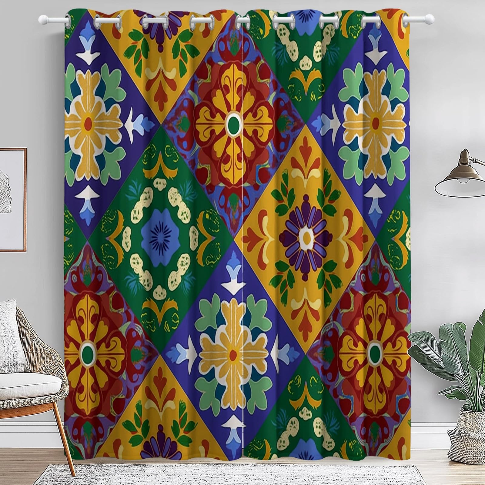 Rideaux Isolants 110L X 215H cm (2 Panneaux), Design Géométrie Mexicaine Rétro, Tenture Opaque Anti-Chaleur pour Chambre Principale, Coloré