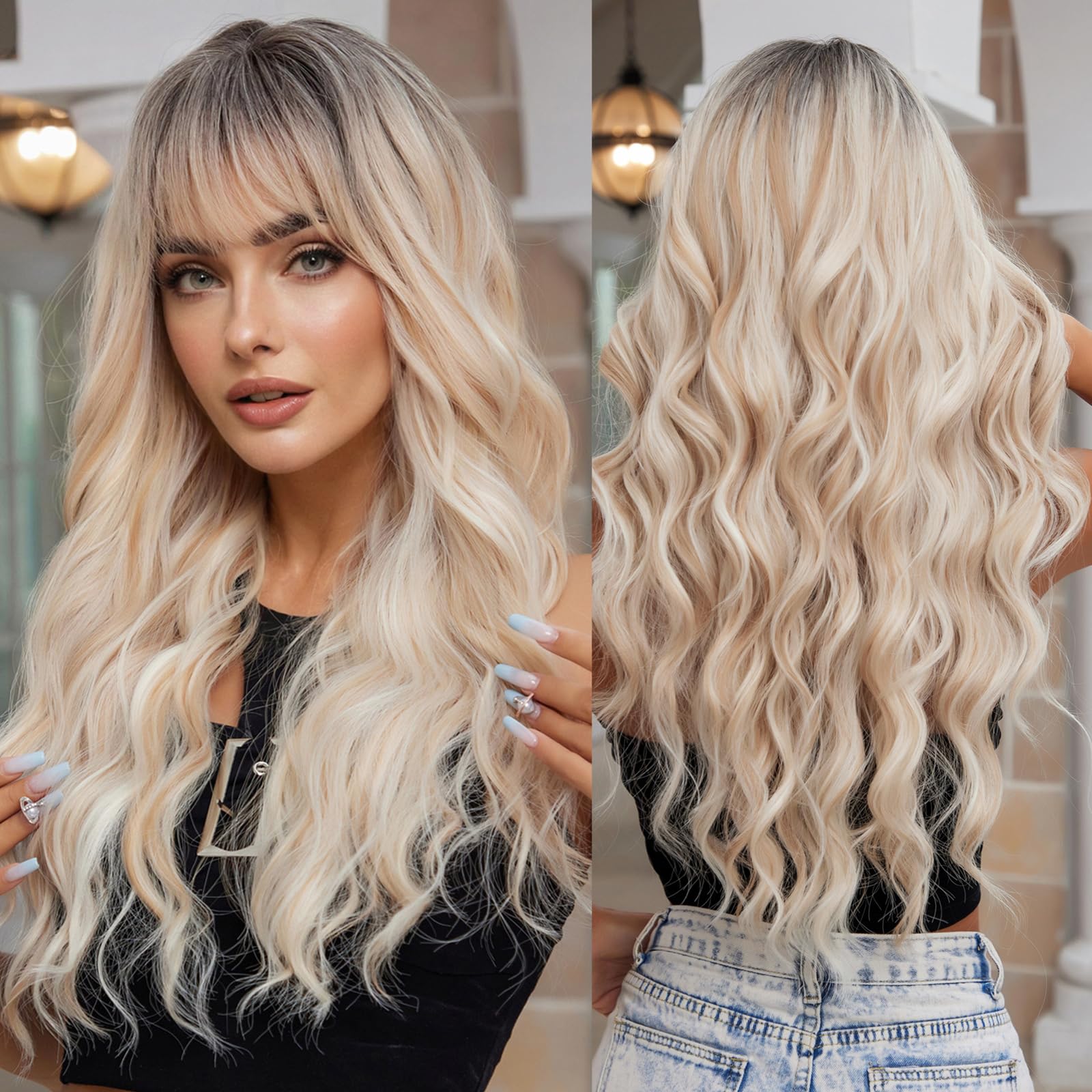 WOKESTAR Long Wavy Blonde with Highlights Wigs for Women, Heat Resistant Natural Hair with Fringe