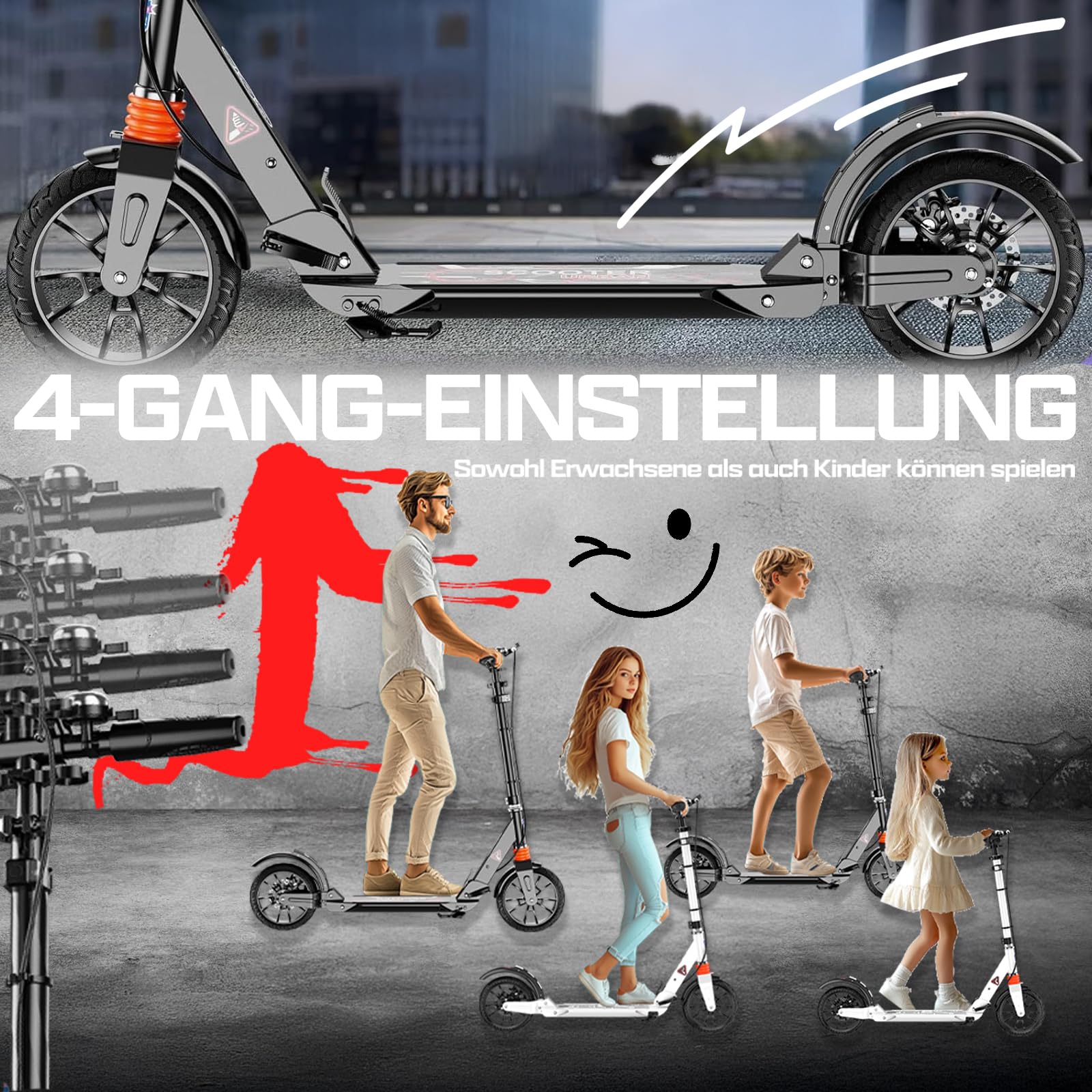 Cityroller Roller für Erwachsene bis 150kg Verstellbar Scooter Robuste Konstruktion 230mm Räder Stoßdämpfende ShockResist-Technologie Hinterradbremse rutschfest ABEC 9