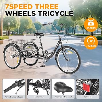 Adult Tricycle 7 Speed, 24 Inch 3 Wheel Bikes Extended Rear wheelbase Tricycle Suitable for Modification Wheel Bike Free large-capacity basket included for Women/Seniors Picnic Exercise Shopping