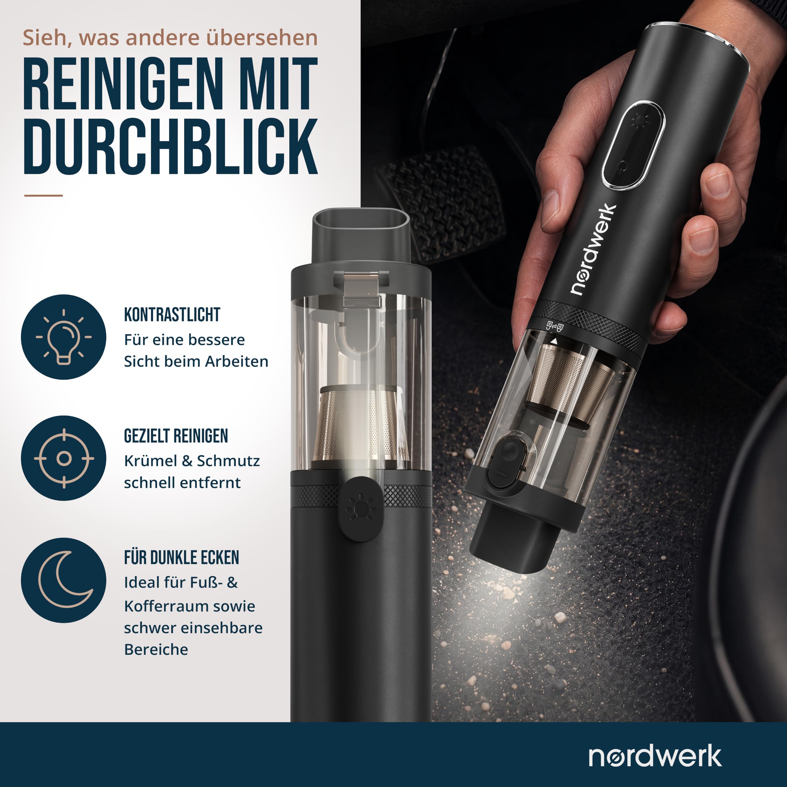 Akku Handstaubsauger Nordwind NEO für Auto & Haushalt, kabellos | starker Mini Staubsauger mit DeepReach Cleaning System®, Bürste für Tierhaare, HEPA-Filter, LED-Licht & Extra-Zubehör