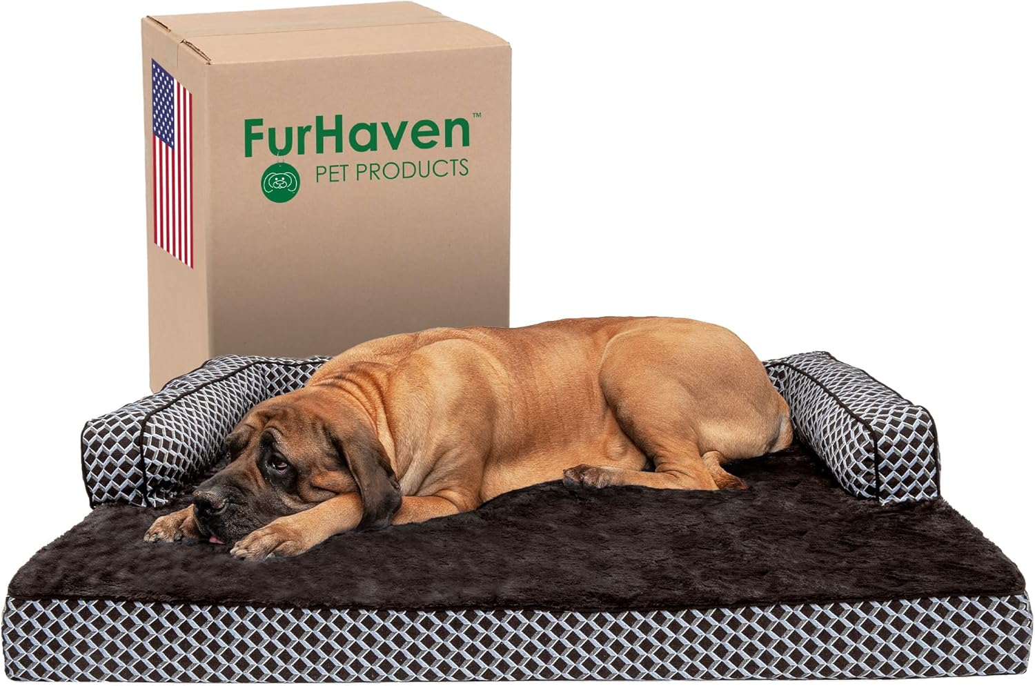 Furhaven Orthopedic Dog Bed for Medium/Small Dogs w/ Removable Bolsters & Washable Cover, For Dogs Up to 35 lbs - Plush & Woven Decor Comfy Couch Sofa - Diamond Brown, Medium