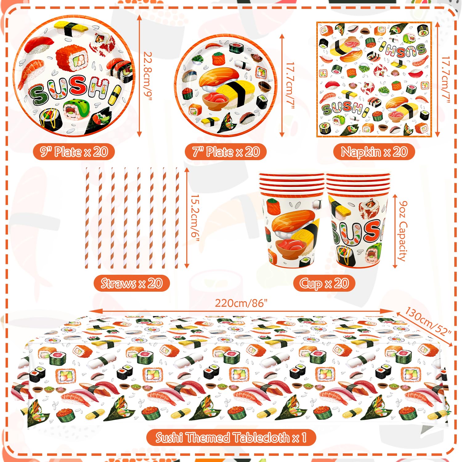 Decorazioni per feste di compleanno a tema sushi, tra cui piatti, tazze, tovaglioli, tovaglie, cannucce, per feste a tema sushi