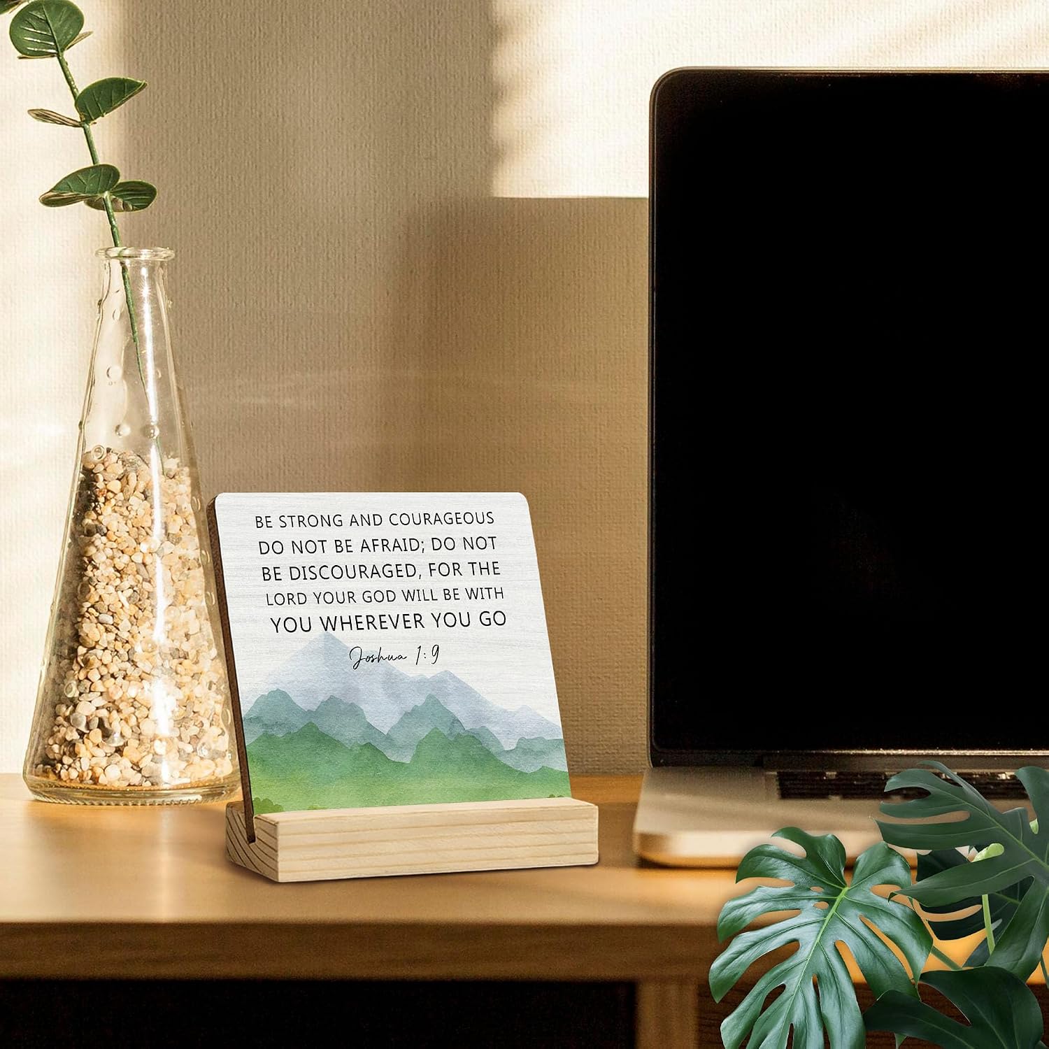 Christian Inspirational Desk Decor, Bible Verse Be Strong and Courageous Mountain Decorative Signs & Plaques, Religious Desk Sign with Wooden Stand for Home Bedroom Shelf Table Decor image 2
