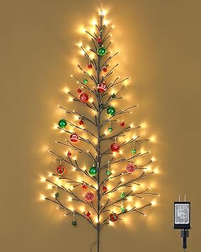 5 FT 144 LED Lighted Wall Christmas Tree with Decorative Balls, 8 Light Modes Plug in Half Christmas Tree, Hanging Flat Mounted Trees for Holiday Apartment RoomBlack, Red and Green