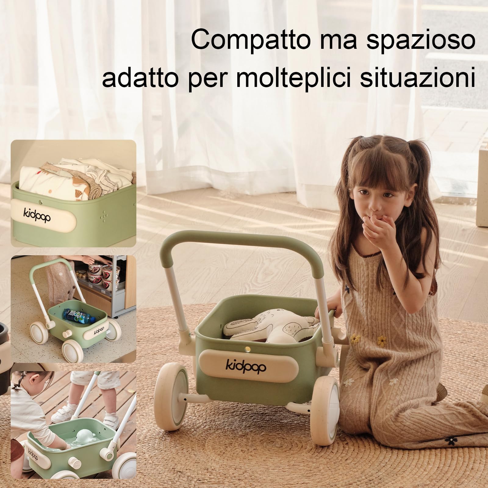 Kidpop PULA Carrello primi passi per bambini, deambulatore d’equilibrio per ragazzi e ragazze, da 7 mesi a 3 anni, regalo di compleanno, verde