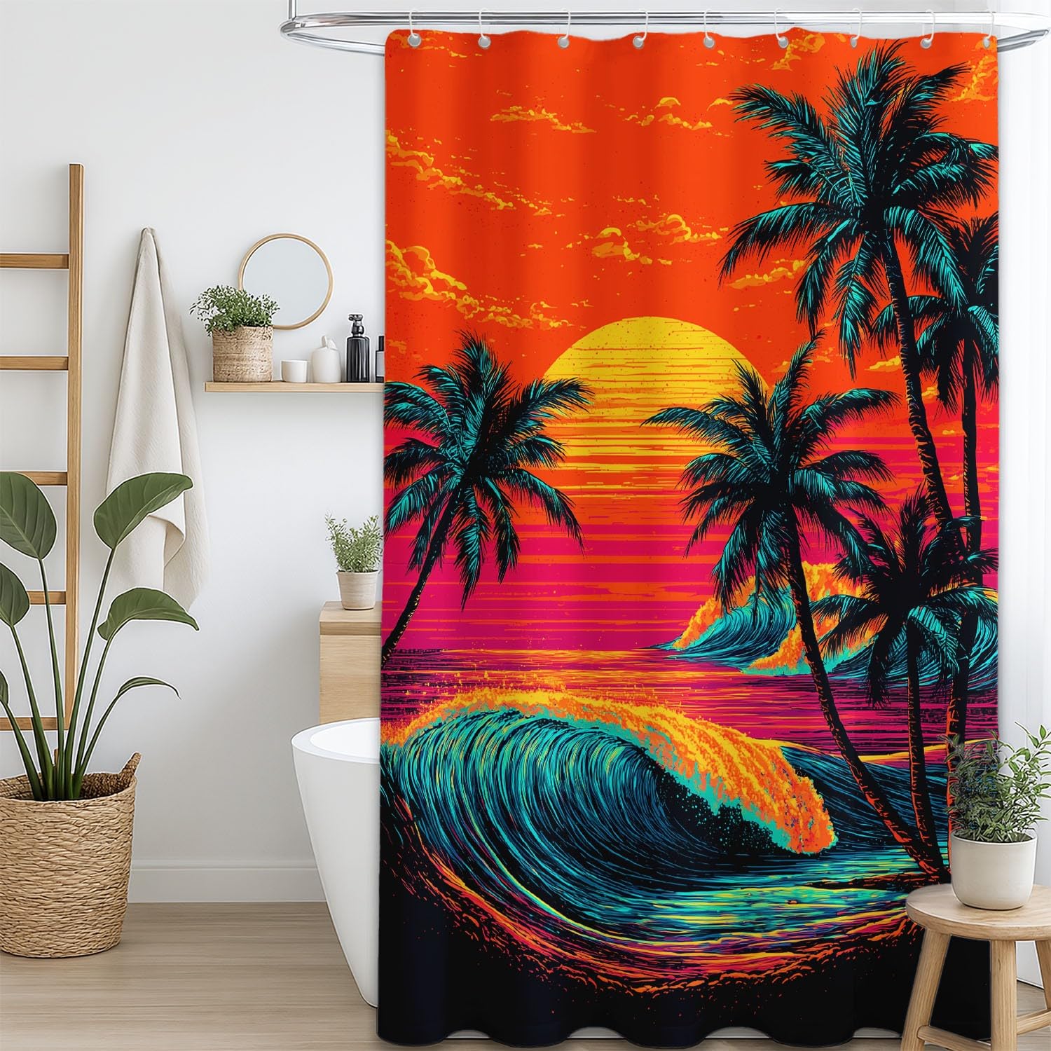 Generico Arancione Tende da Doccia 240 x 200 cm Vintage Fantasia Natura Paesaggio Tenda da Doccia Impermeabile Lavabile in Poliestere con Ganci per Bagno, Vasca da Bagno