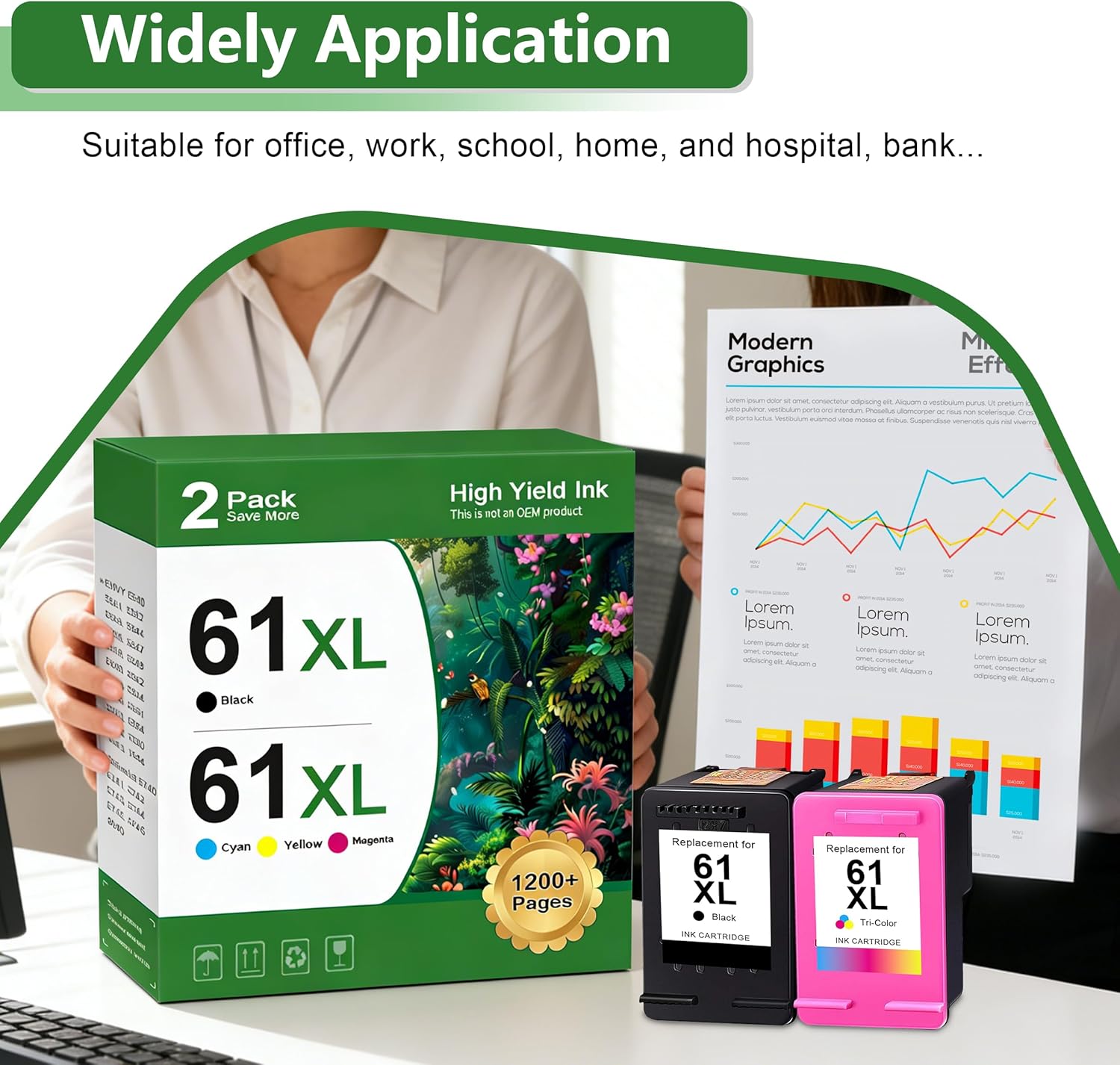 61XL Ink Cartridges Replacement for HP 61 61 XL Ink Cartridge Combo Pack 61XL with Envy 4500 4502 5530 Deskjet 2540 3510 OfficeJet 4630 Printer (1 Black+1 Tri-Color, 2-Pack)