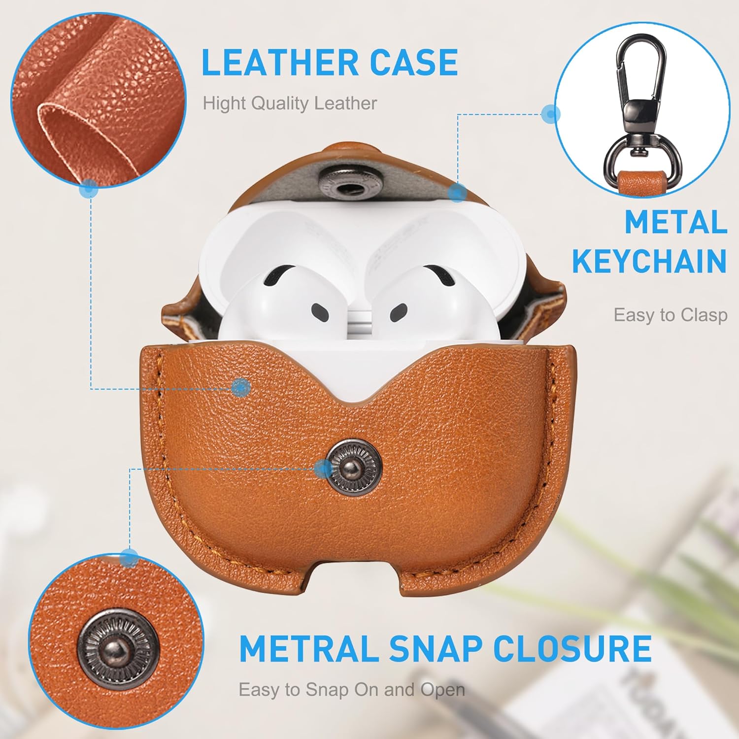 Maxjoy for AirPods 4 Case Leather, for AirPods 4th Generation Case Cover Leather AirPod Gen 4 Protective Cover with Keychain Compatible with Apple AirPod Generation 4th 2024, Brown - Image 2