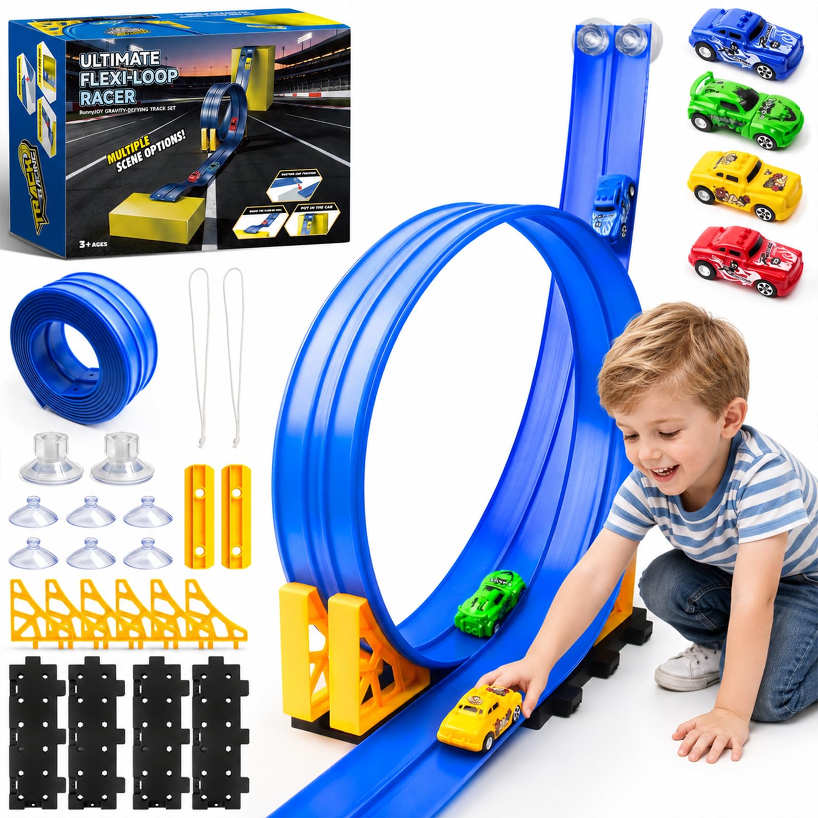BunnyJOY Flexible Loop Race Track Set for Kids with Toy Cars, Suction Cup Wall & Window Racing Track, Indoor Outdoor Gravity Car Toys, Birthday for Boys Girls Age 3 4 5 6 7 8