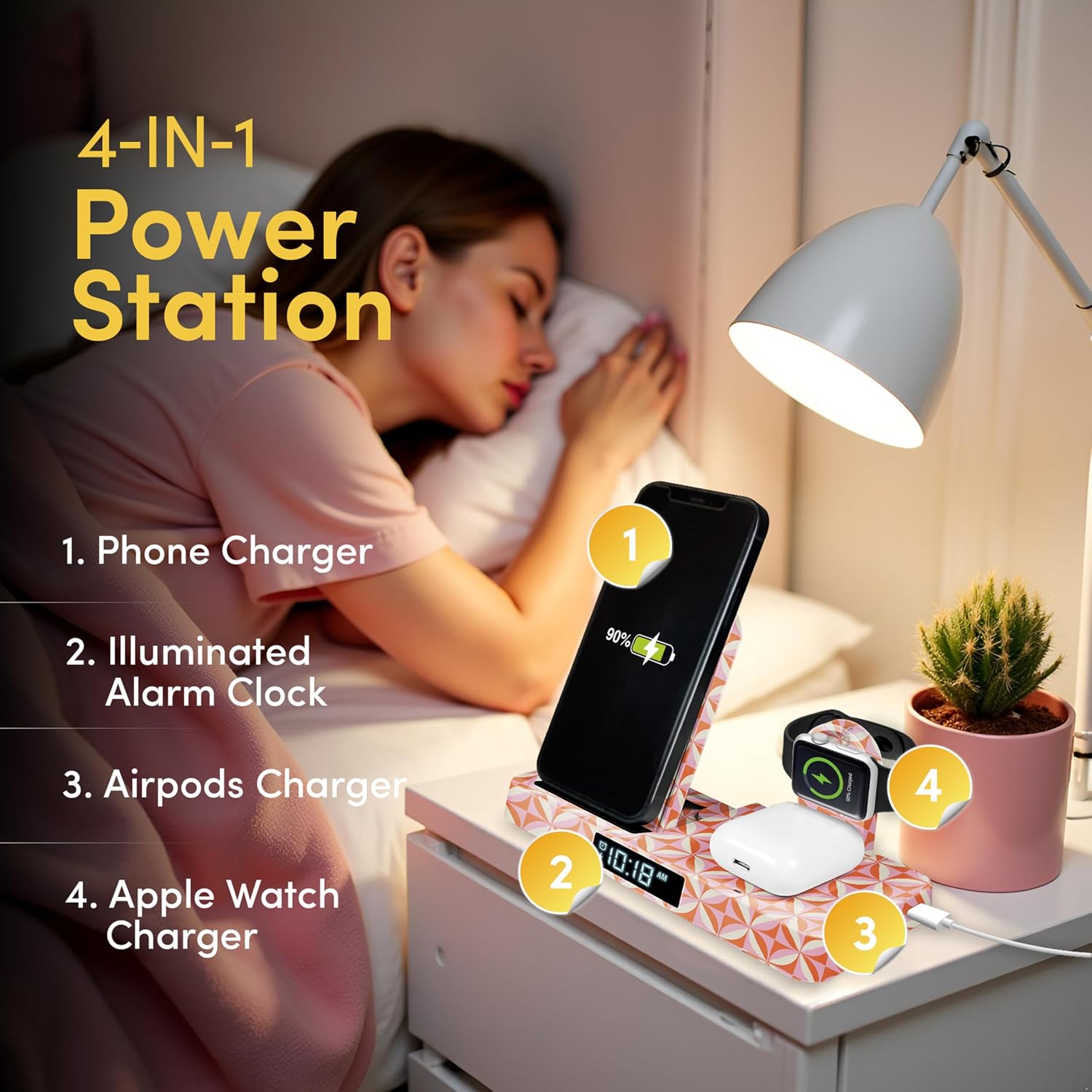4-in-1 Power Station with Wireless Charging, Digital Alarm Clock, 5 Viewing Angles, Qi Certified Phone & Apple Watch