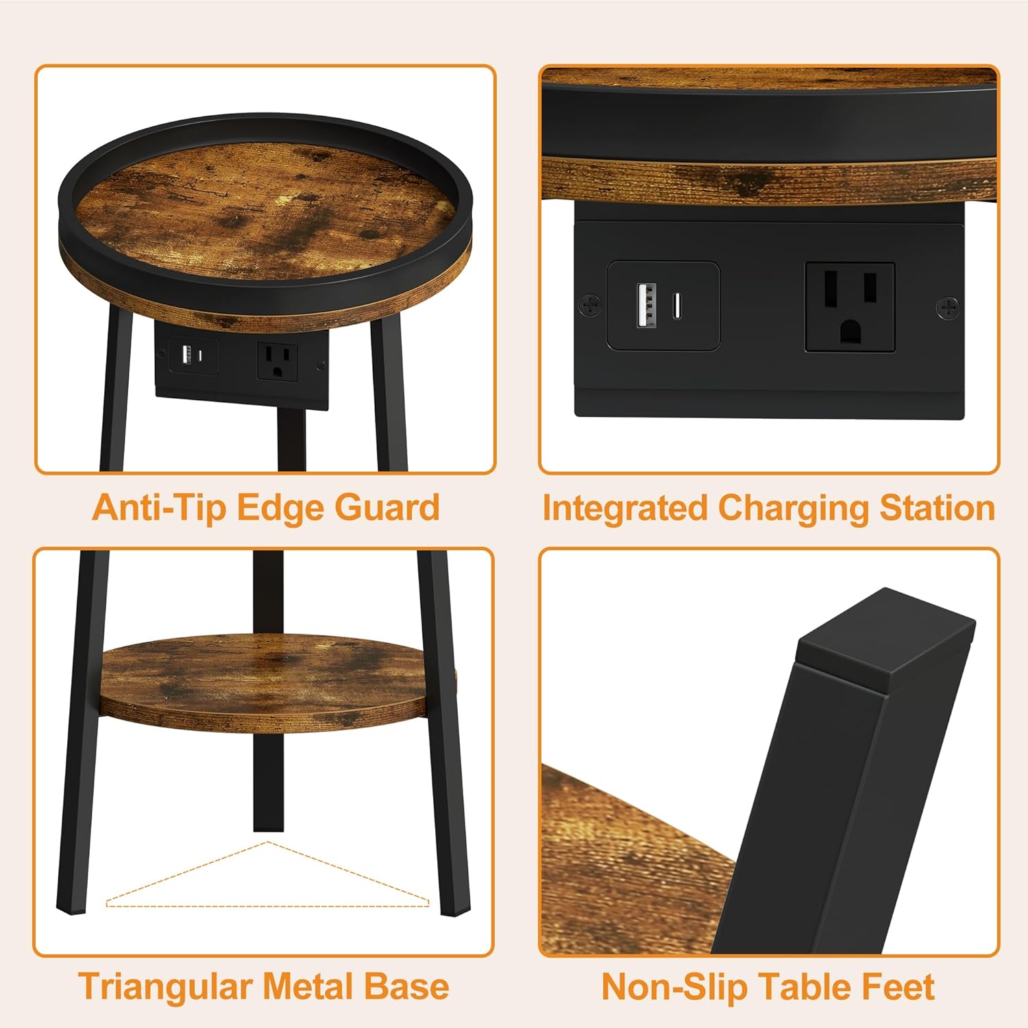Industrial Round End Table with Charging Station,2-Tier Side Table with AC Outlet & USB Port, Sofa Side Table with Storage Shelf for Small Spaces, Living Room, Bedroom, Rustic Brown & Black