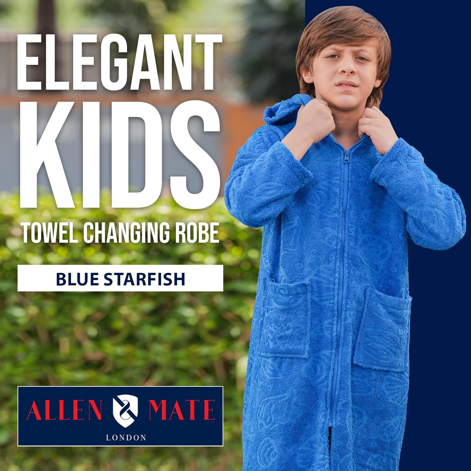 ALLEN & MATE 100% Cotton Hooded Kids Bathrobe with Zipper, 380 GSM Safety Certified Quick Dry Changing Robe for Boys & Girls