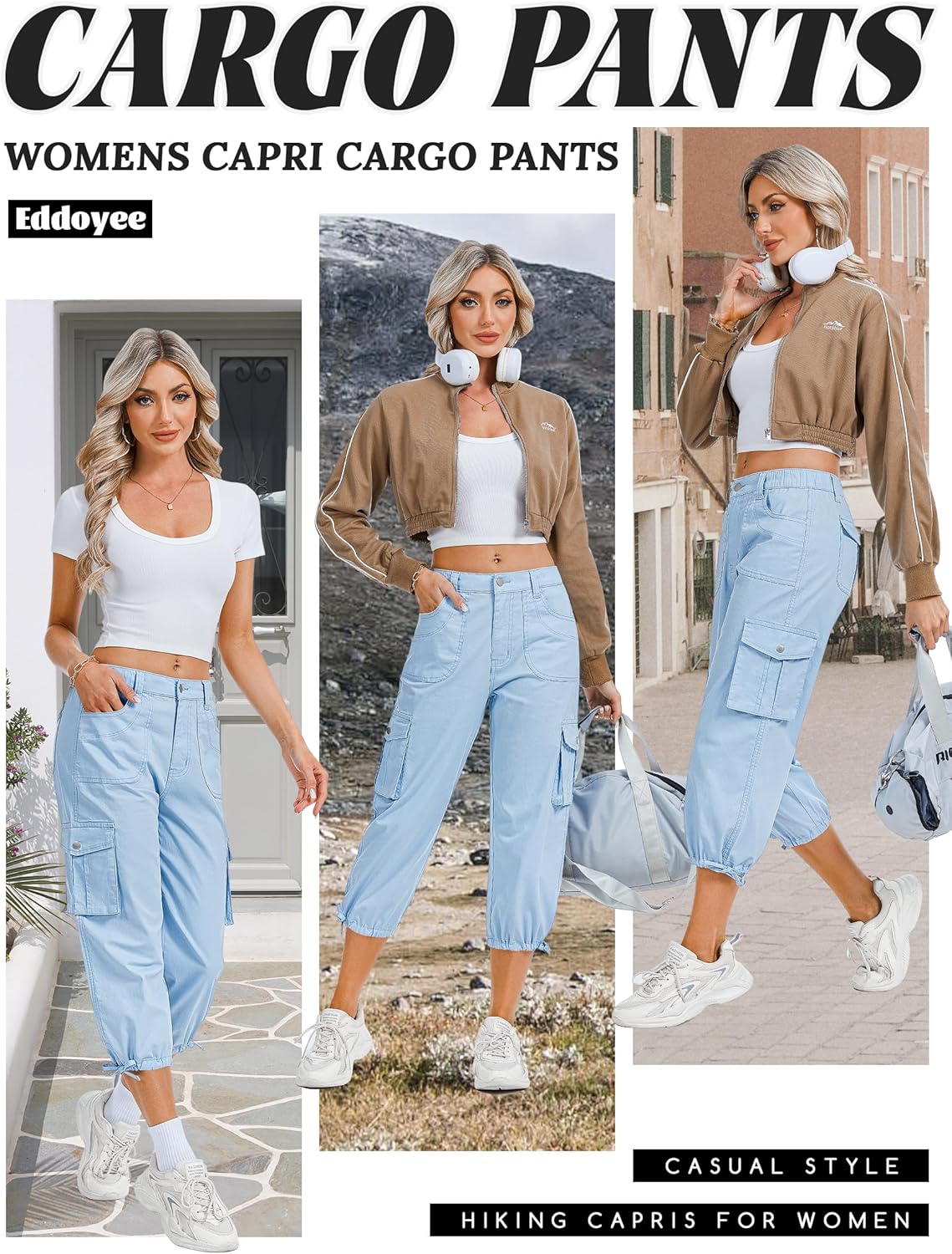 Eddoyee Women's Cargo Capris Pants Elastic Waist Hiking Pants 2026 Summer Casual Pants with 6 Pockets