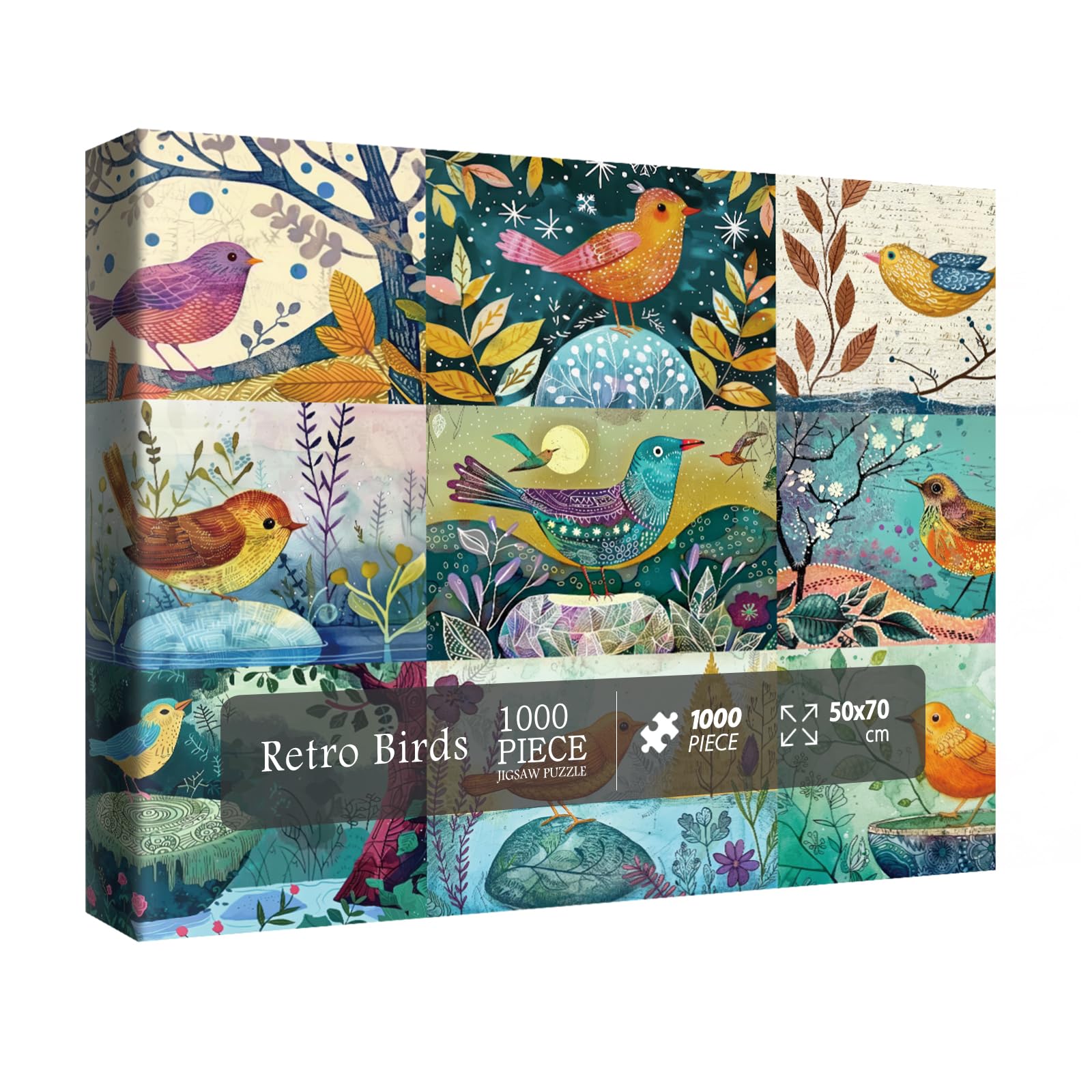 Bird Art Fun Puzzles for Adults 1000 Pieces, Challenging Animal Plant Tree Jigsaw Puzzles, Colorful Collage Beautiful Retro Puzzle