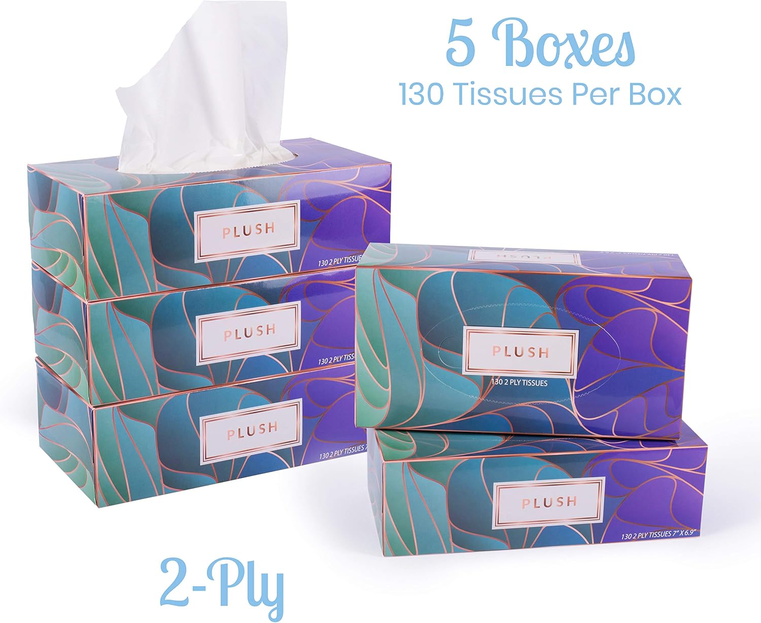 Plush Facial Tissues 130 Per Box Size 7" X 6.9" 2 Ply,Soft, Smooth, Great for Bathroom, School,Home, Kitchen, Or in Your Car (Family pack Pack of 5, 650 Tissues total) (Packaging May Vary)